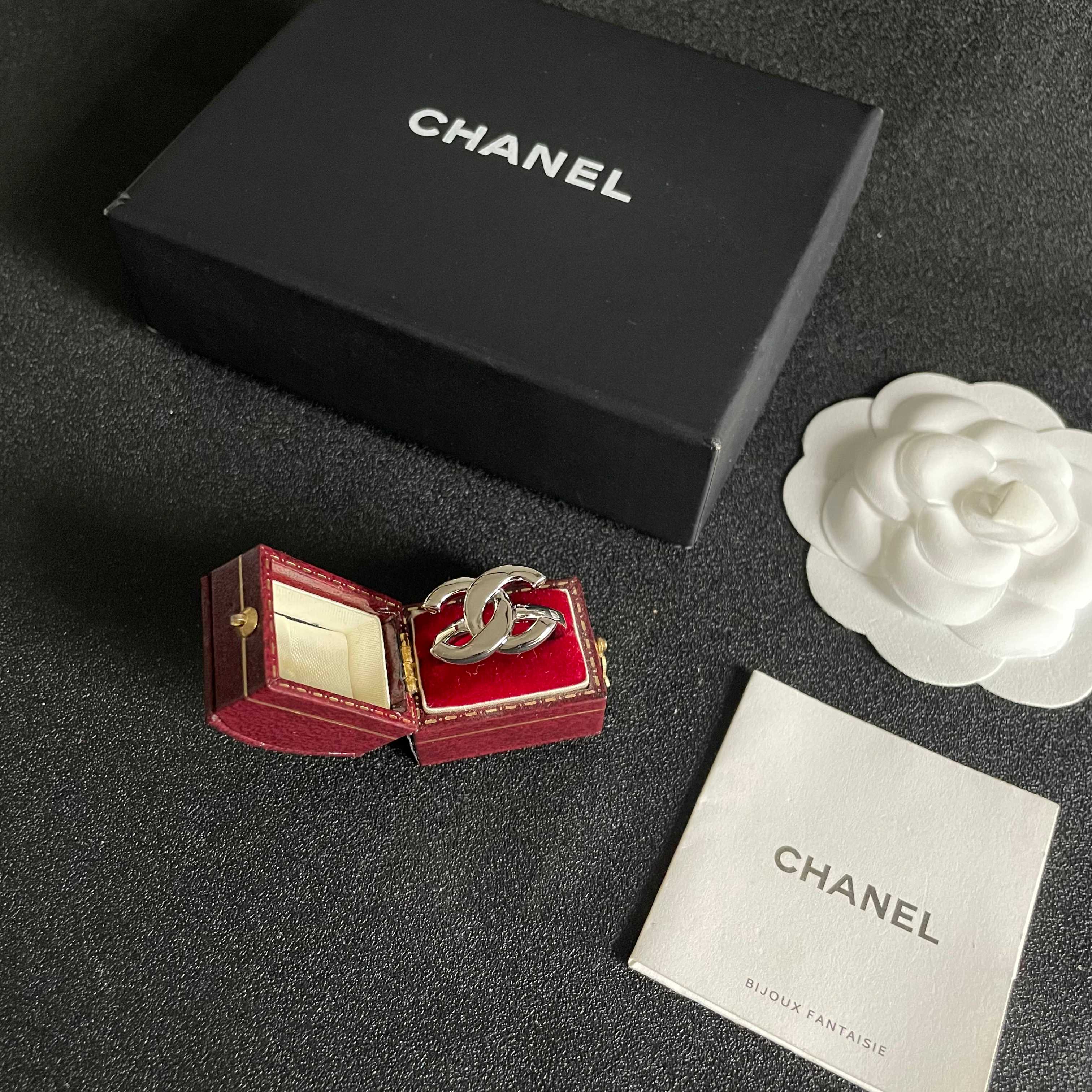 Chanel CC Logo ring silver tone metal no accent stones adjustable open band