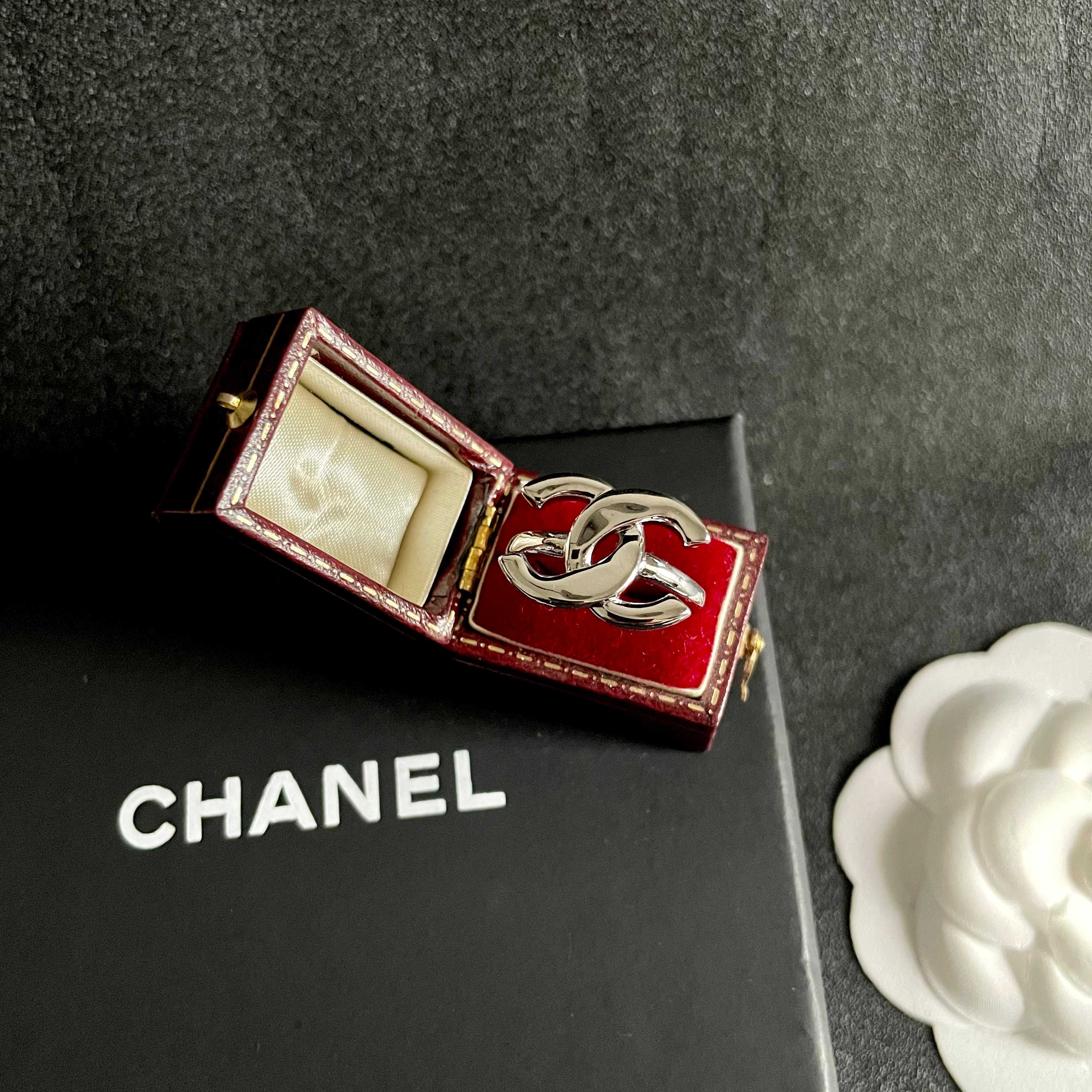 Chanel CC Logo ring silver tone metal no accent stones adjustable open band