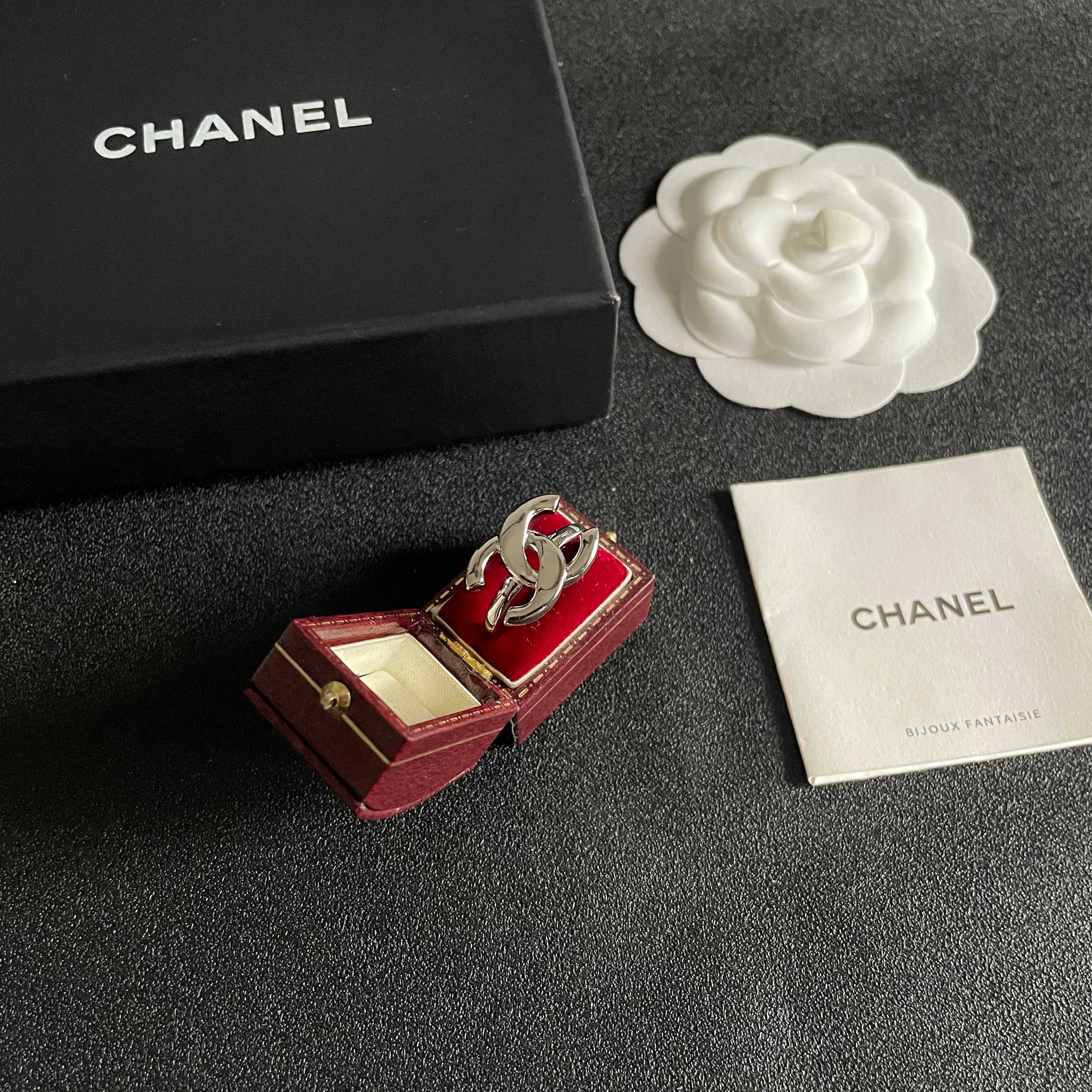 Chanel CC Logo ring silver tone metal no accent stones adjustable open band