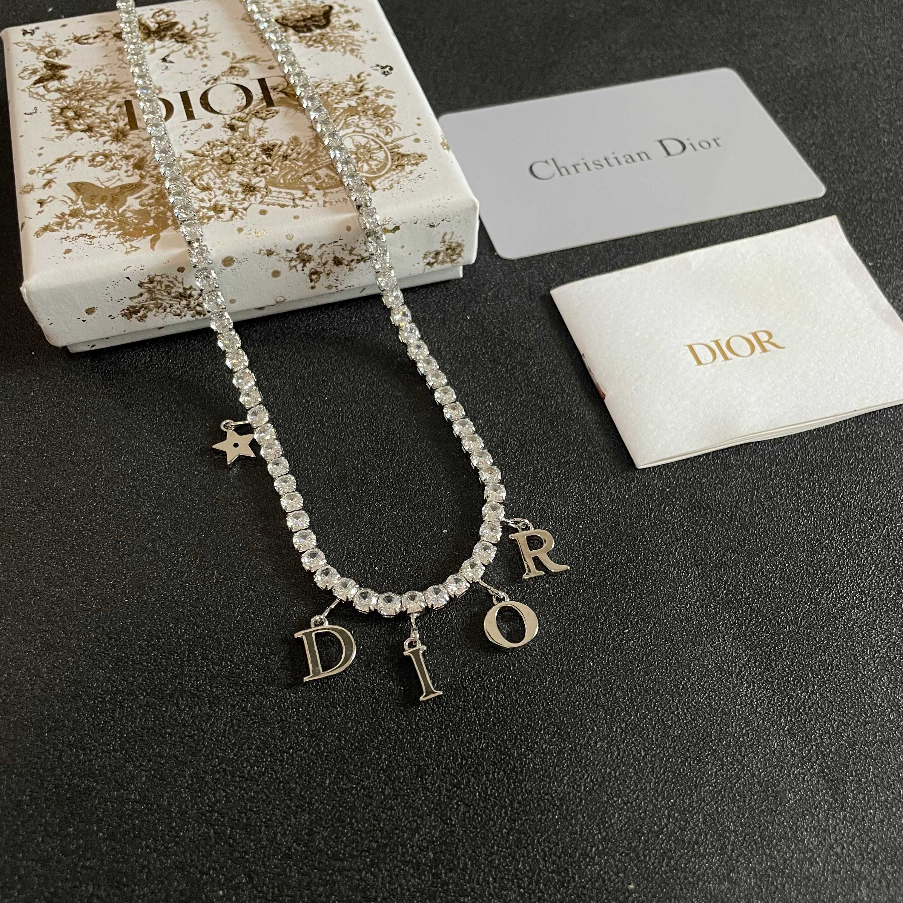 Dior Dio r evolution Crystal Letter Charm Choker necklace silver-toned brass metal with clear faceted crystals 40cm with 5cm extender chain