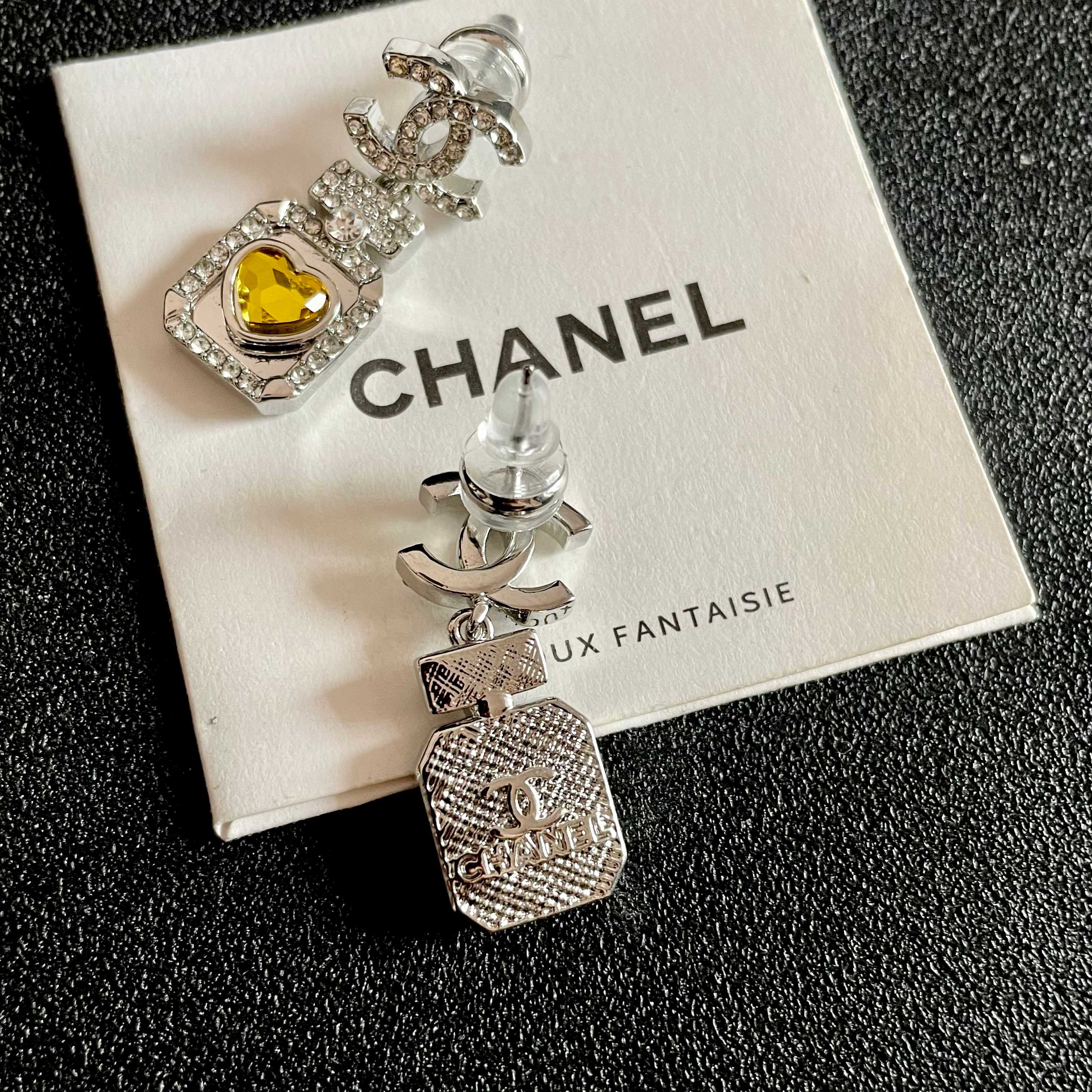 Chanel CC Logo Perfume Bottle Heart Drop Earrings earrings silver-tone metal with clear crystals and yellow heart-shaped gemstone 2 5cm drop length