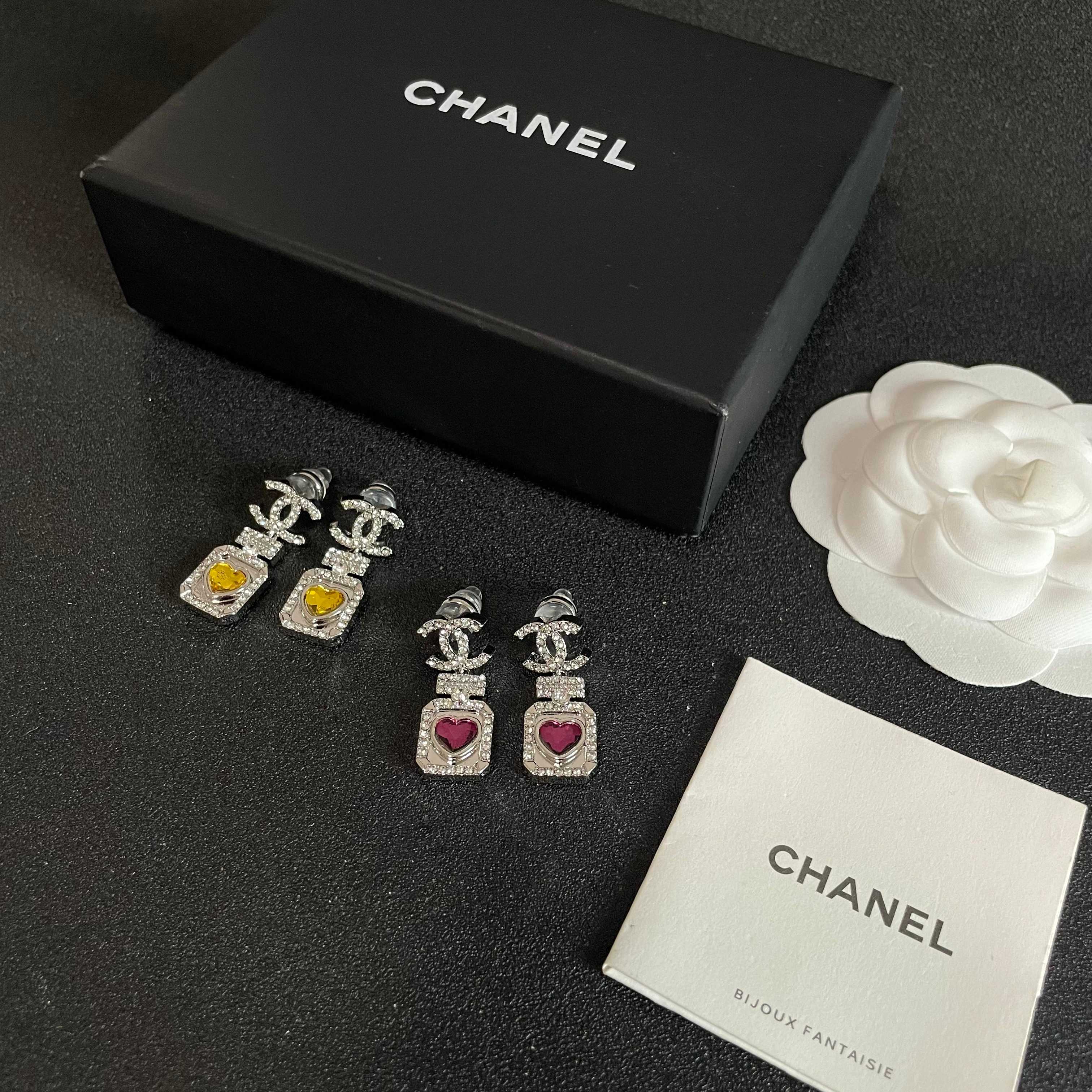 Chanel CC Logo Perfume Bottle Heart Drop Earrings earrings silver-toned metal with clear crystals and fuchsia heart-shaped stone 2 5cm drop length