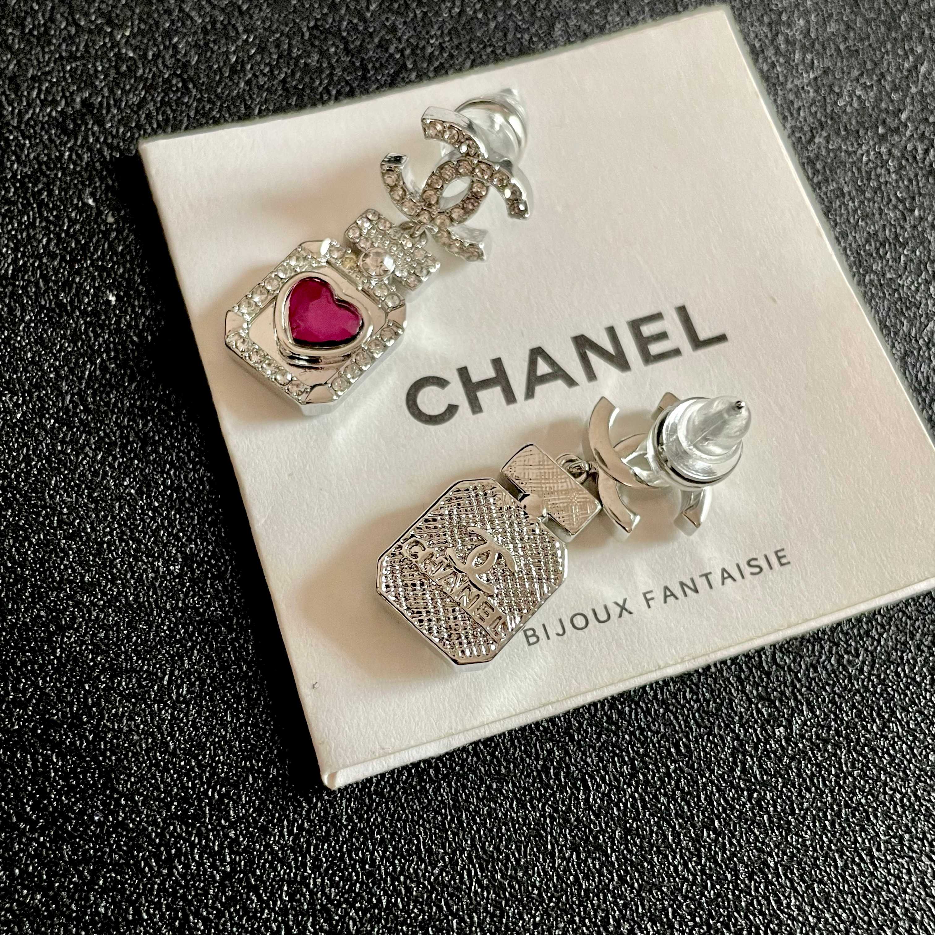 Chanel CC Logo Perfume Bottle Heart Drop Earrings earrings silver-toned metal with clear crystals and fuchsia heart-shaped stone 2 5cm drop length