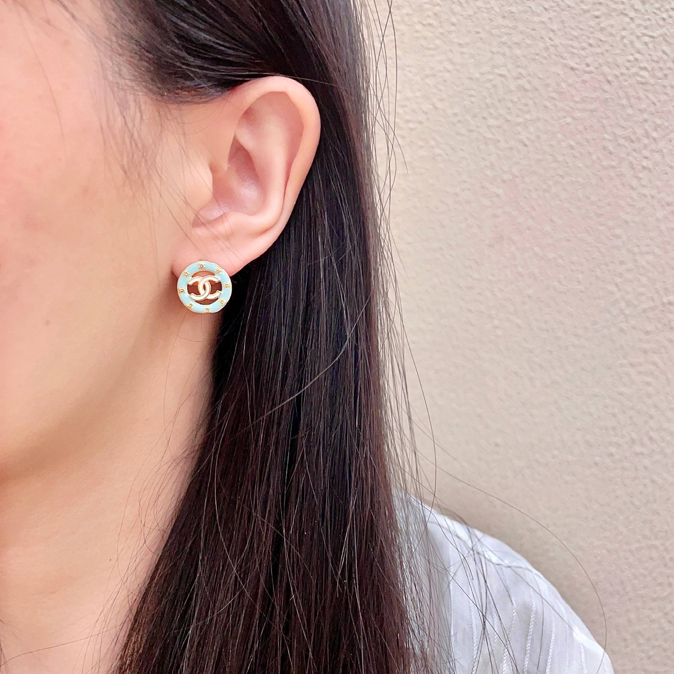 Chanel CC Logo Round Enamel Stud Earrings earrings Light gold tone metal with pastel mint blue enamel 1 2cm diameter