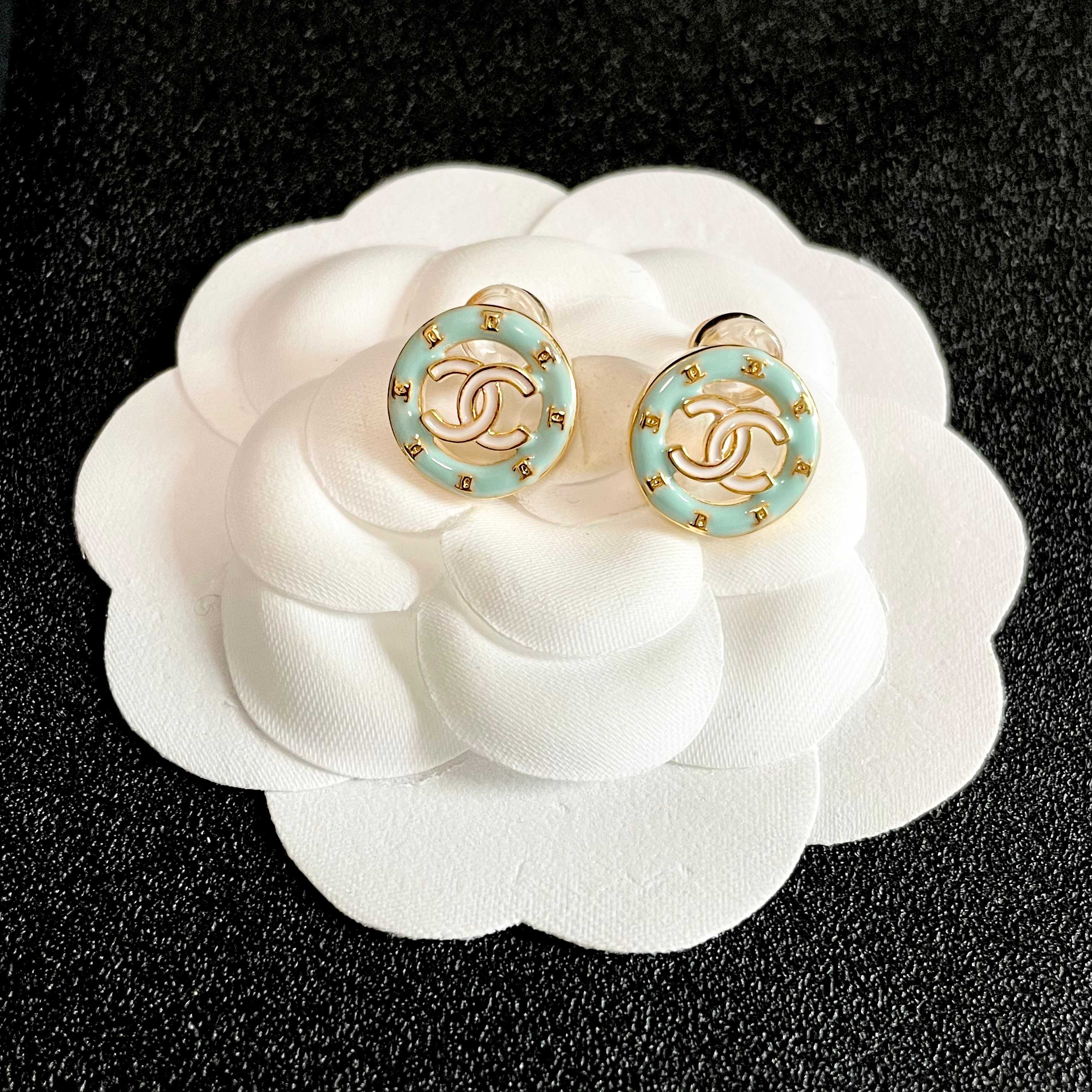 Chanel CC Logo Round Enamel Stud Earrings earrings Light gold tone metal with pastel mint blue enamel 1 2cm diameter