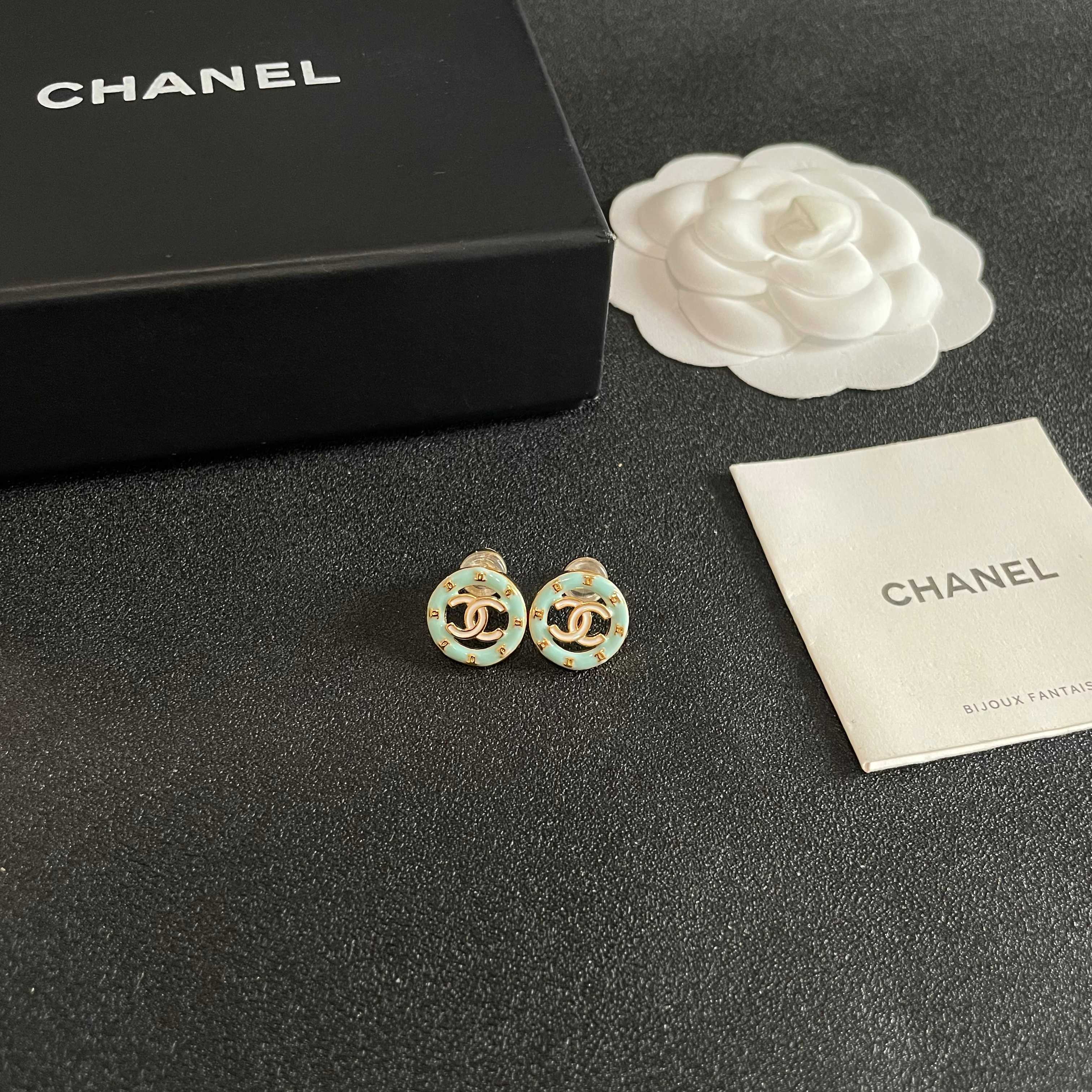 Chanel CC Logo Round Enamel Stud Earrings earrings Light gold tone metal with pastel mint blue enamel 1 2cm diameter