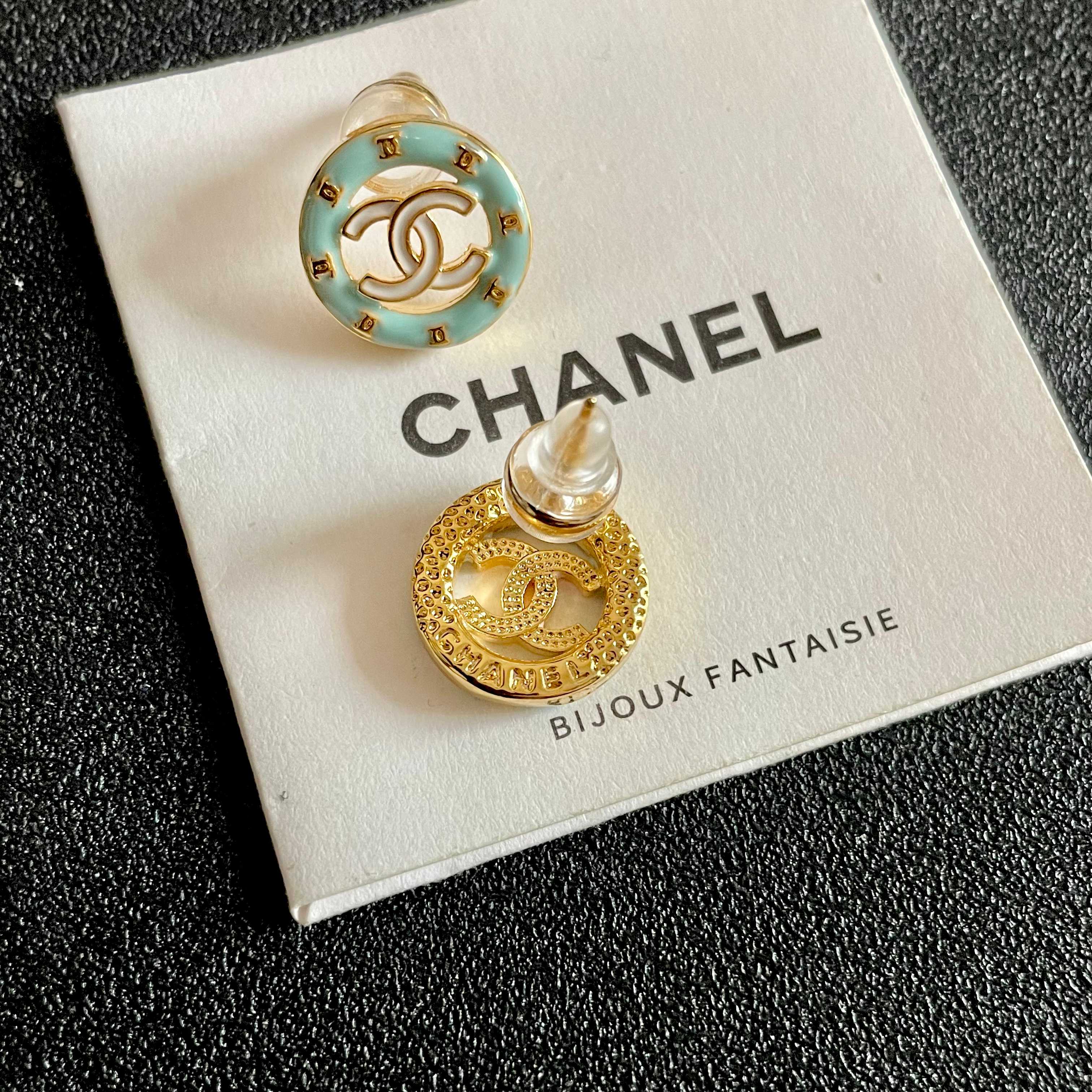 Chanel CC Logo Round Enamel Stud Earrings earrings Light gold tone metal with pastel mint blue enamel 1 2cm diameter