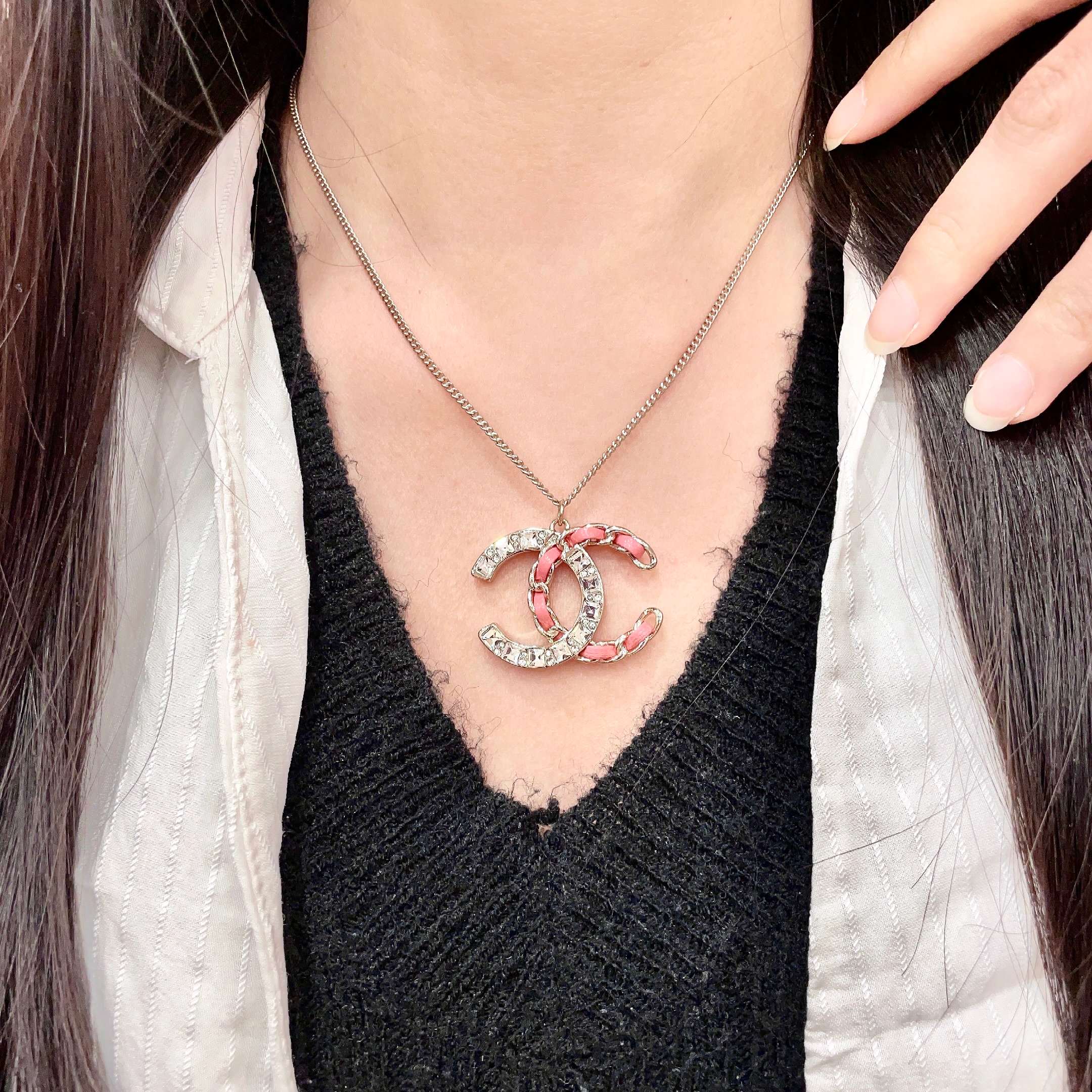 Chanel CC Logo Chain Woven Crystal Pendant Necklace necklace Light gold-tone metal with clear crystals and pink leather chain detailing 42cm