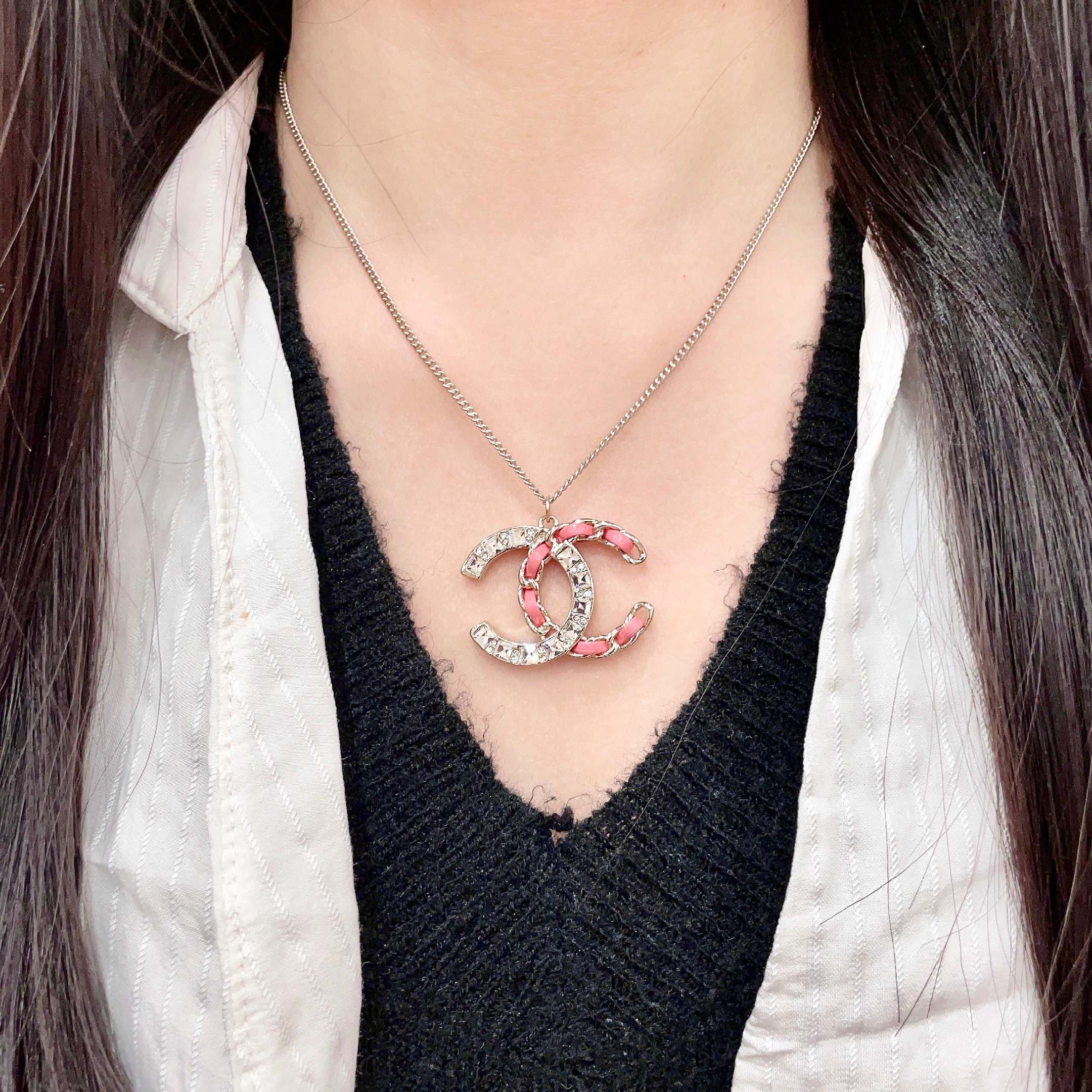 Chanel CC Logo Chain Woven Crystal Pendant Necklace necklace Light gold-tone metal with clear crystals and pink leather chain detailing 42cm