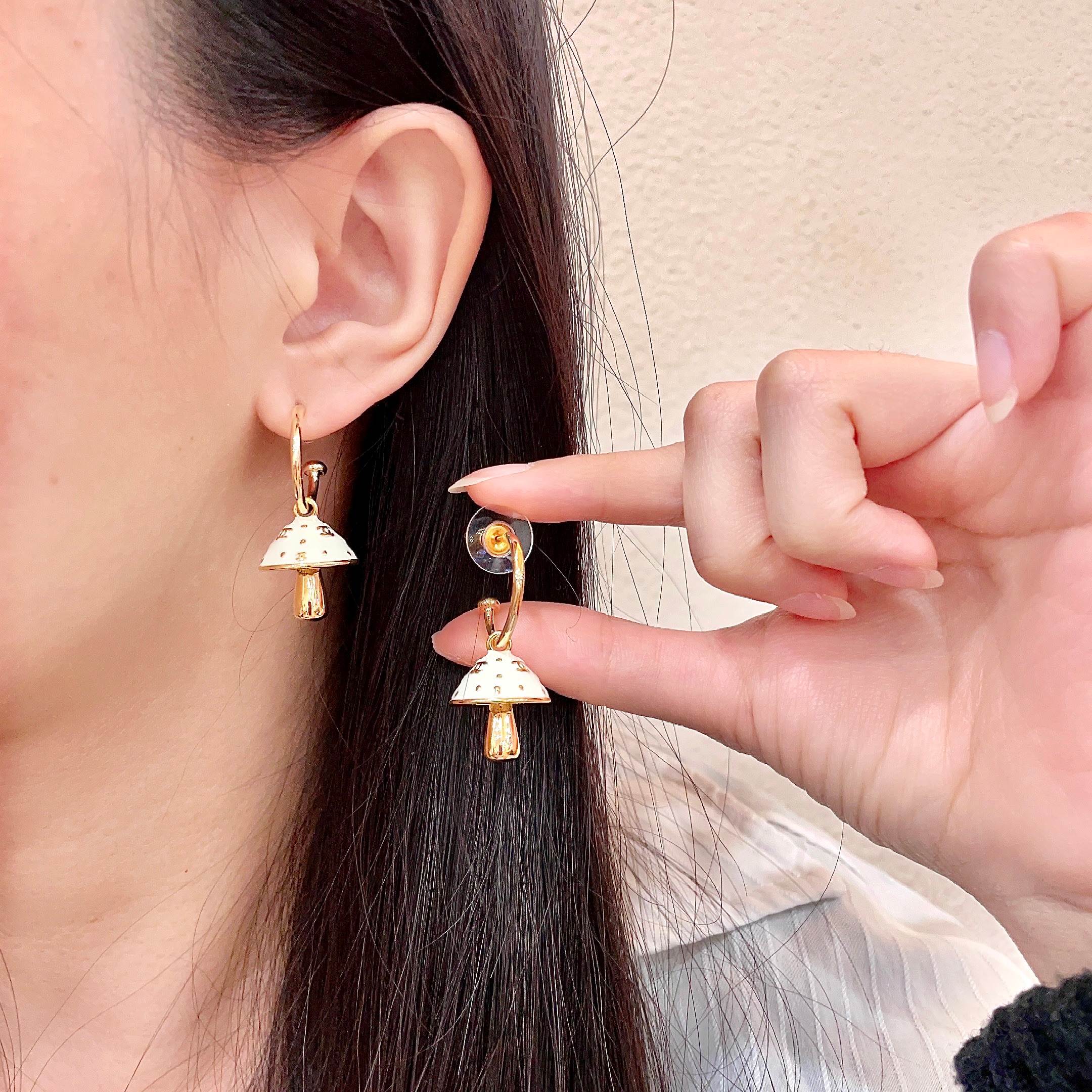 Chanel CC Mushroom Drop Hoop Earrings earrings gold-tone metal cream white enamel 1 5cm hoop diameter 2cm total drop length