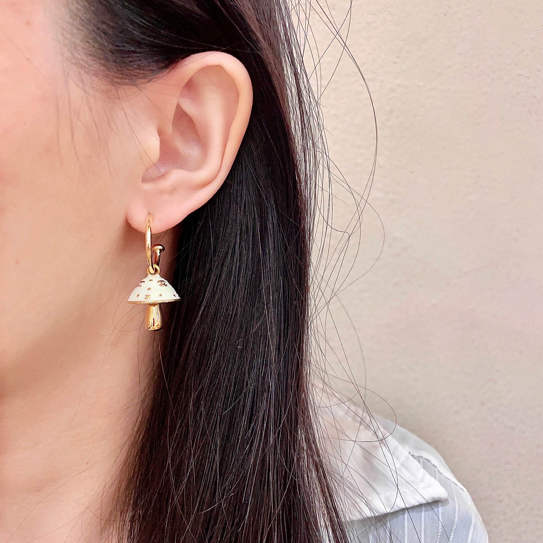 Chanel CC Mushroom Drop Hoop Earrings earrings gold-tone metal cream white enamel 1 5cm hoop diameter 2cm total drop length