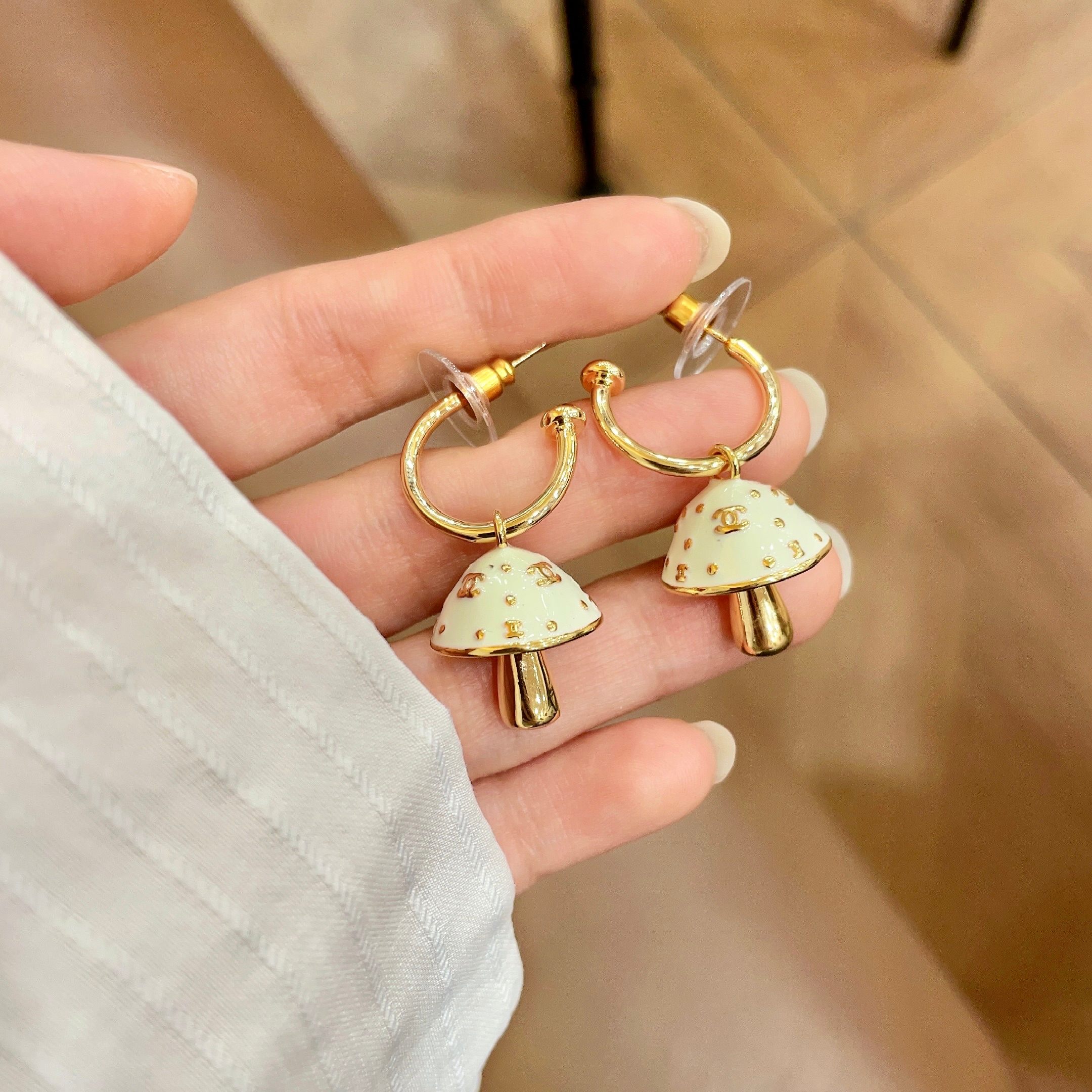 Chanel CC Mushroom Drop Hoop Earrings earrings gold-tone metal cream white enamel 1 5cm hoop diameter 2cm total drop length