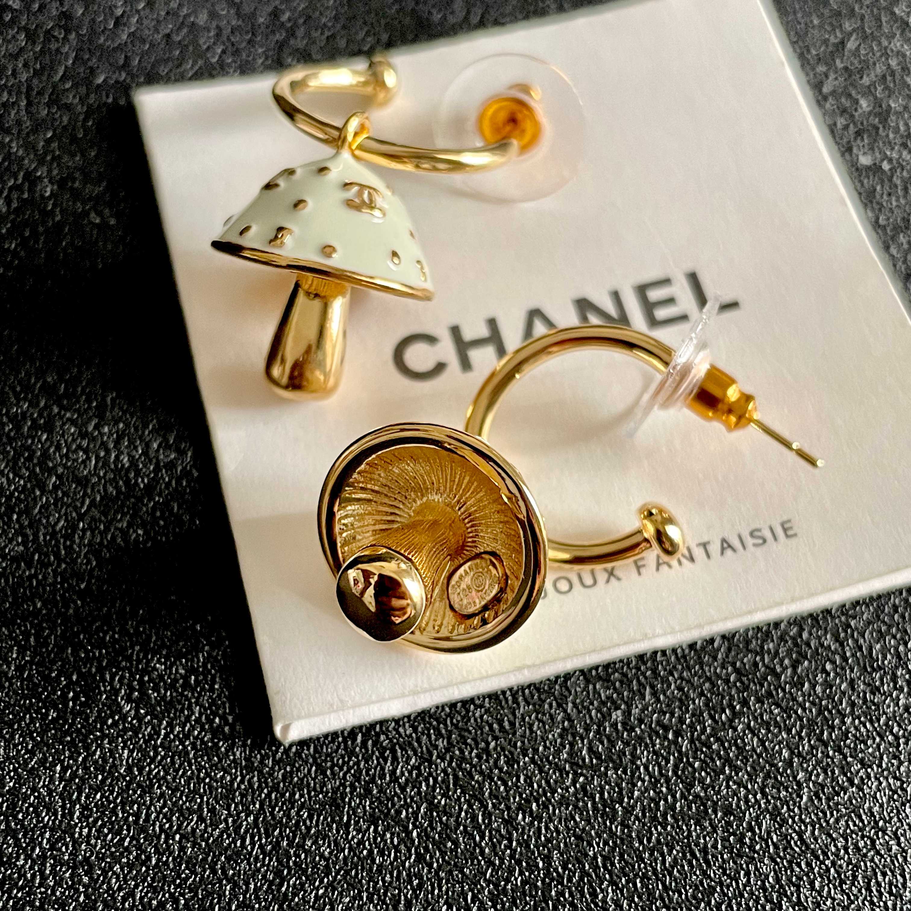 Chanel CC Mushroom Drop Hoop Earrings earrings gold-tone metal cream white enamel 1 5cm hoop diameter 2cm total drop length