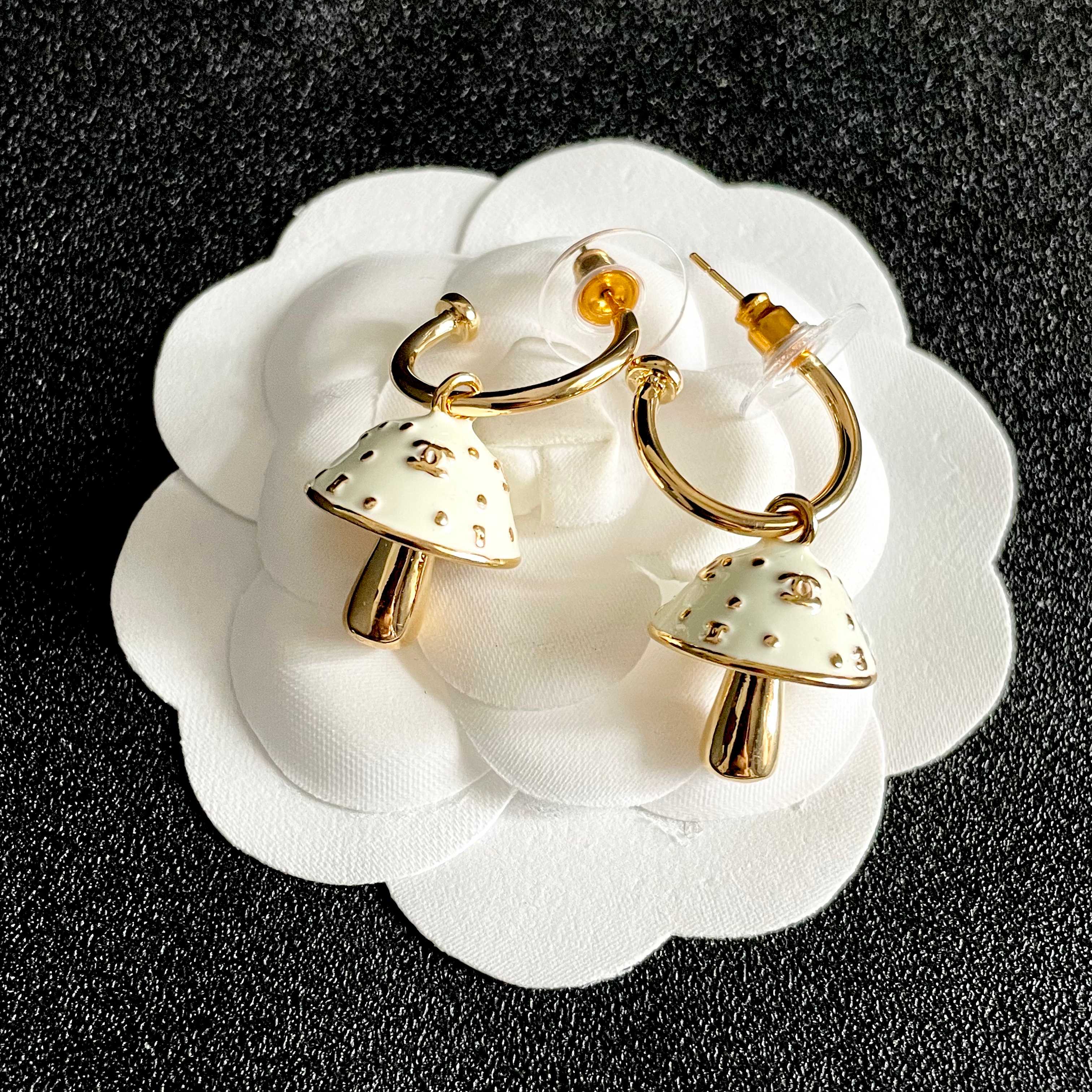 Chanel CC Mushroom Drop Hoop Earrings earrings gold-tone metal cream white enamel 1 5cm hoop diameter 2cm total drop length
