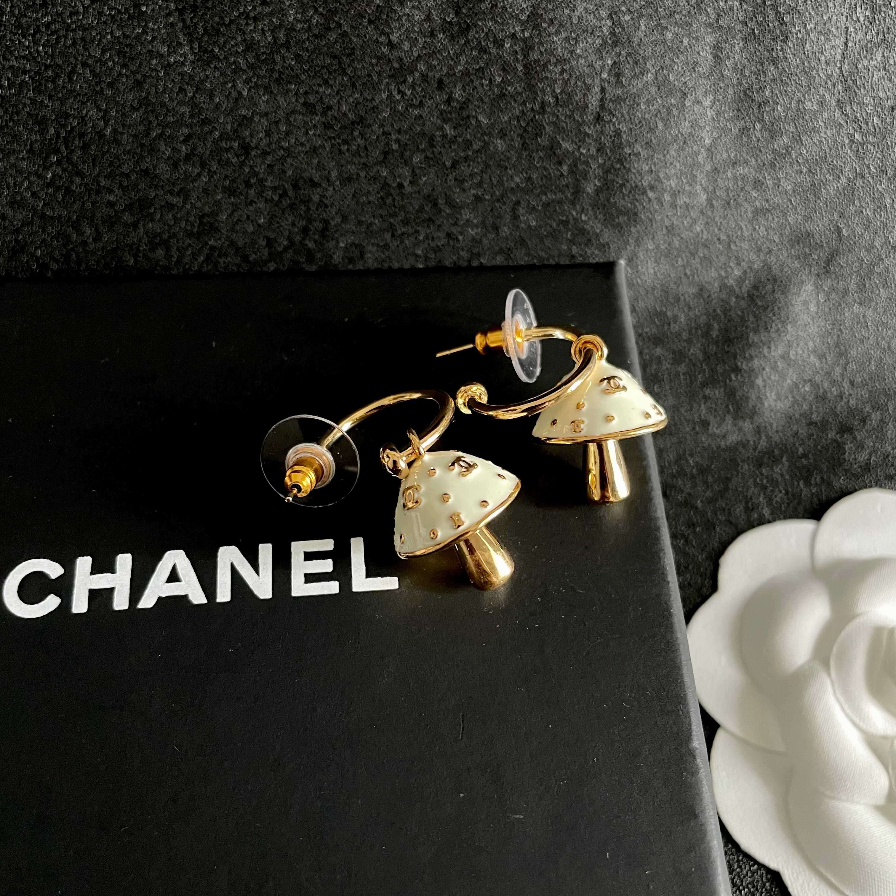 Chanel CC Mushroom Drop Hoop Earrings earrings gold-tone metal cream white enamel 1 5cm hoop diameter 2cm total drop length
