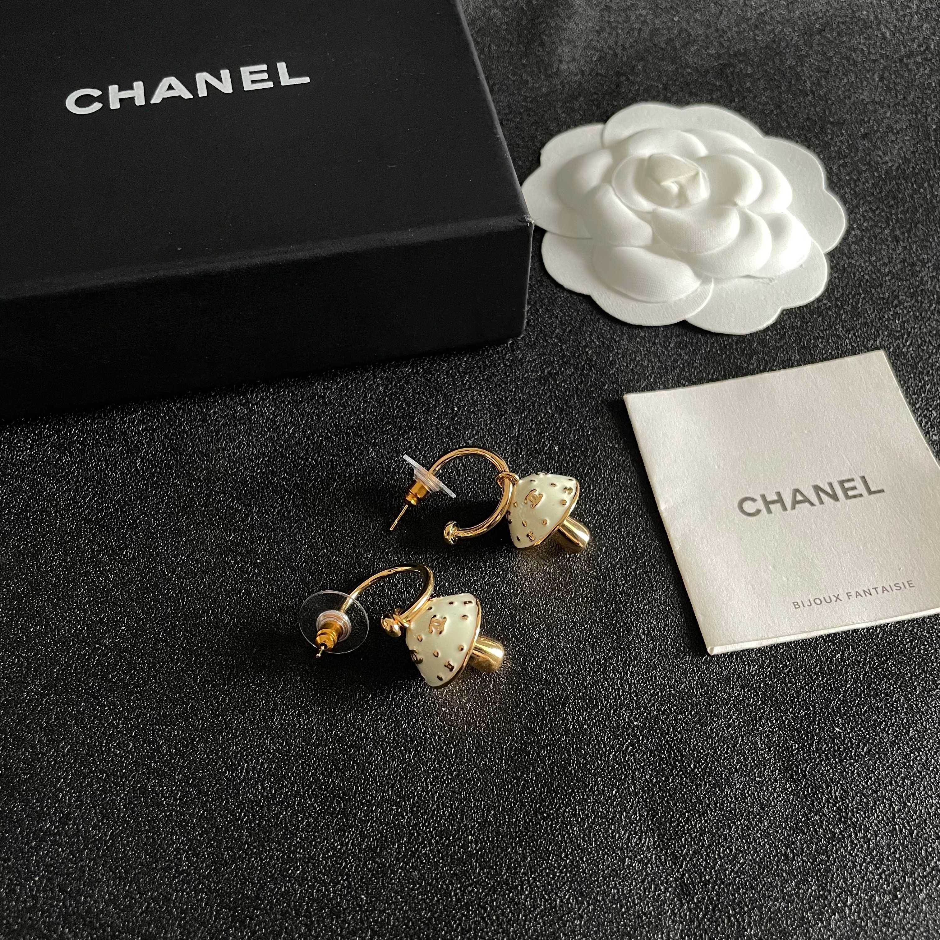 Chanel CC Mushroom Drop Hoop Earrings earrings gold-tone metal cream white enamel 1 5cm hoop diameter 2cm total drop length