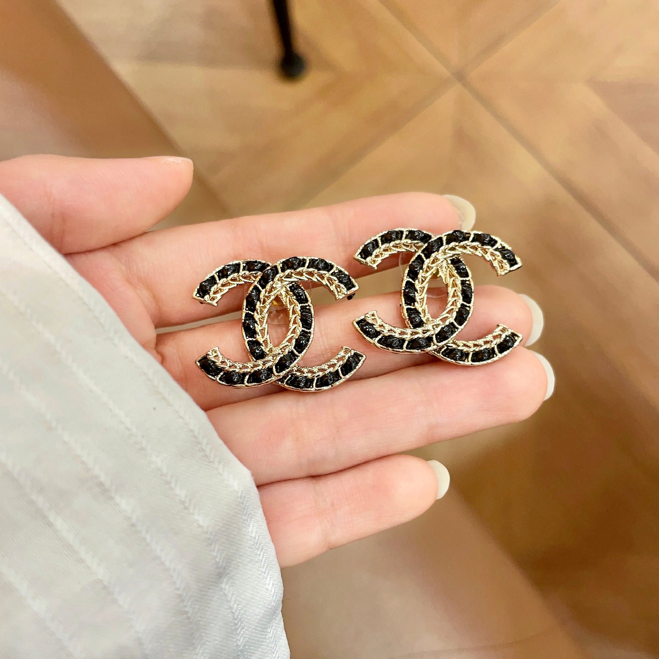 Chanel CC Logo Stud Earrings earrings Gold-tone metal with black inlay One Size