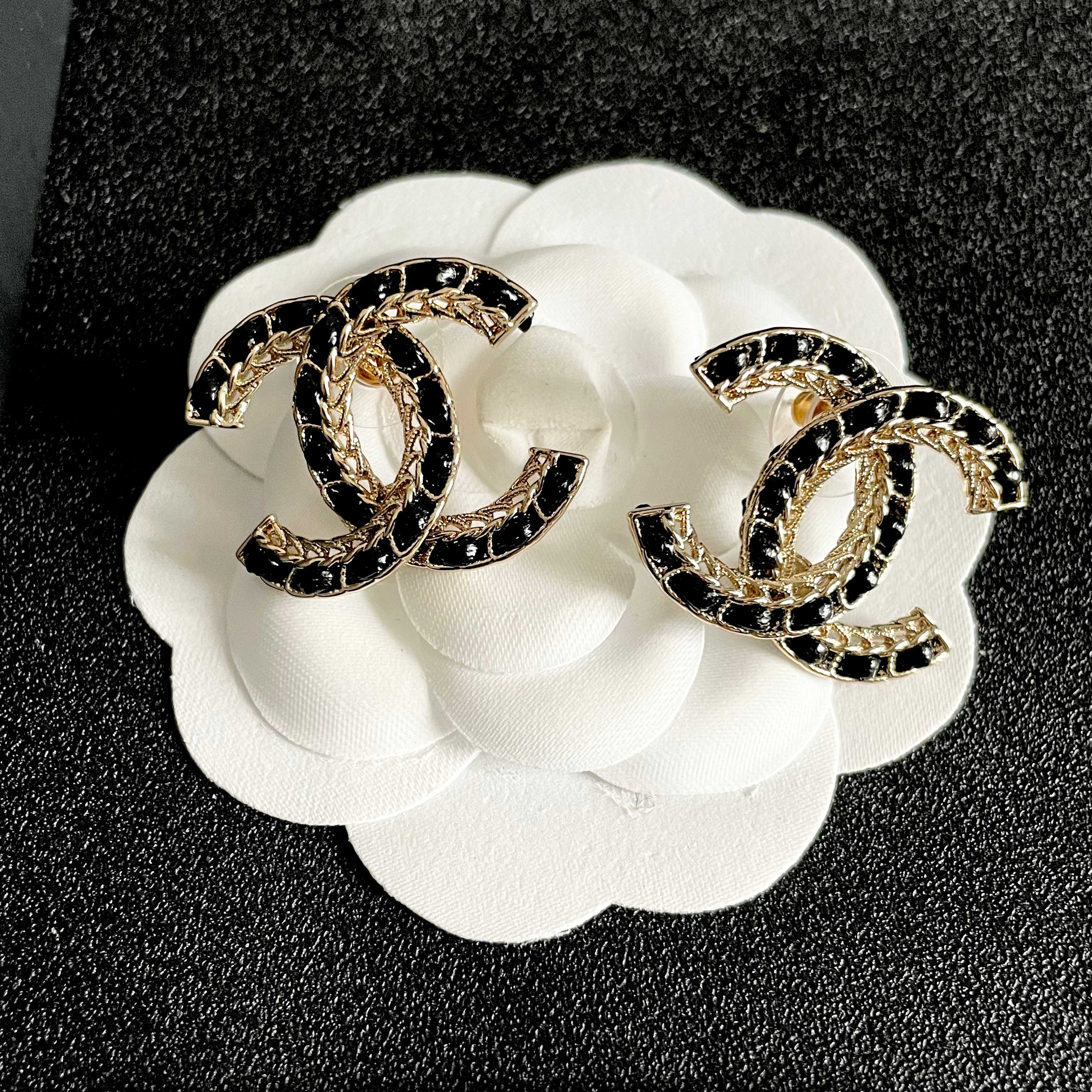 Chanel CC Logo Stud Earrings earrings Gold-tone metal with black inlay One Size