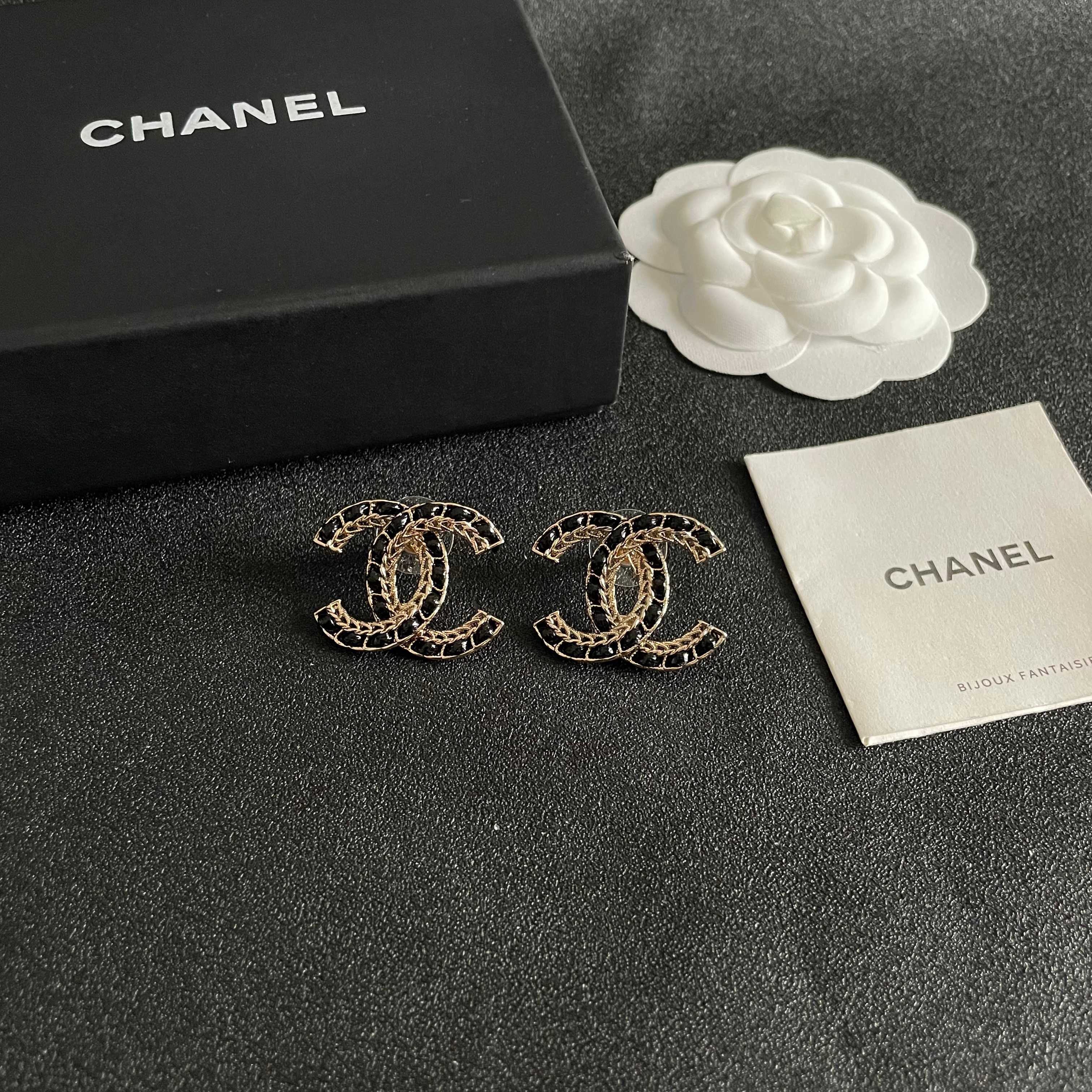 Chanel CC Logo Stud Earrings earrings Gold-tone metal with black inlay One Size