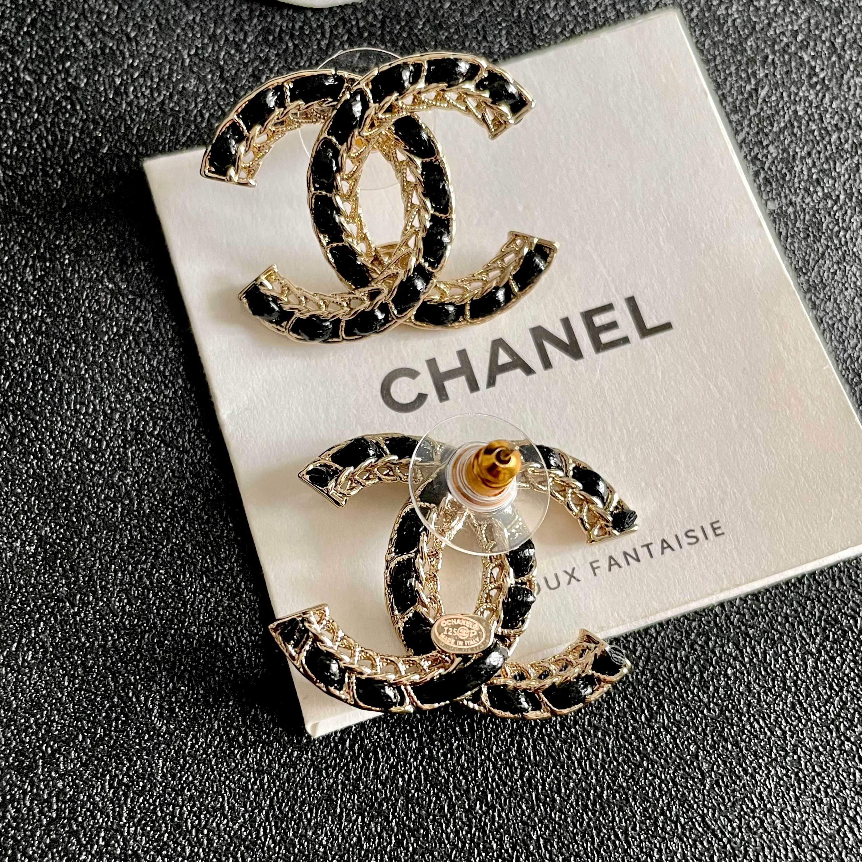 Chanel CC Logo Stud Earrings earrings Gold-tone metal with black inlay One Size
