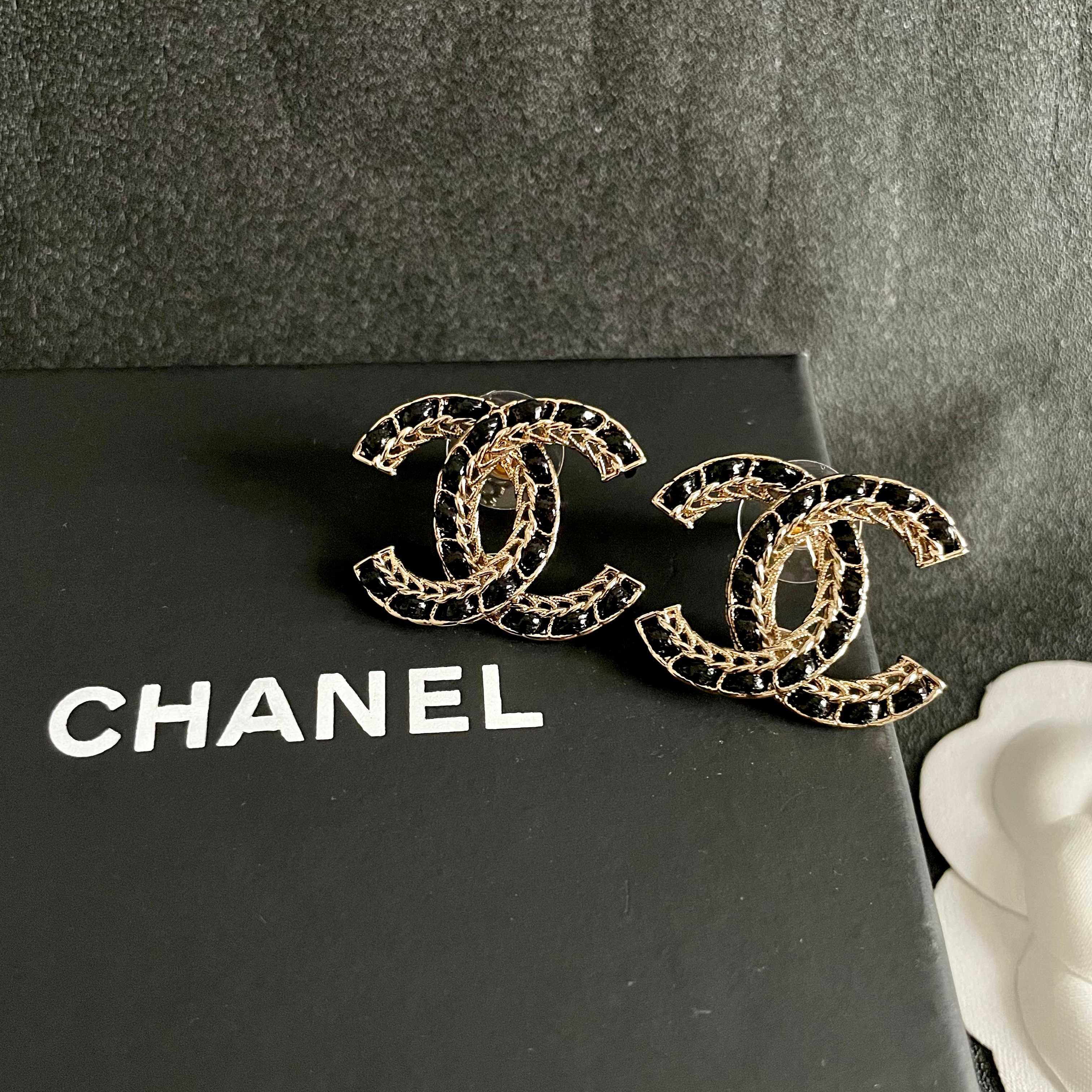 Chanel CC Logo Stud Earrings earrings Gold-tone metal with black inlay One Size