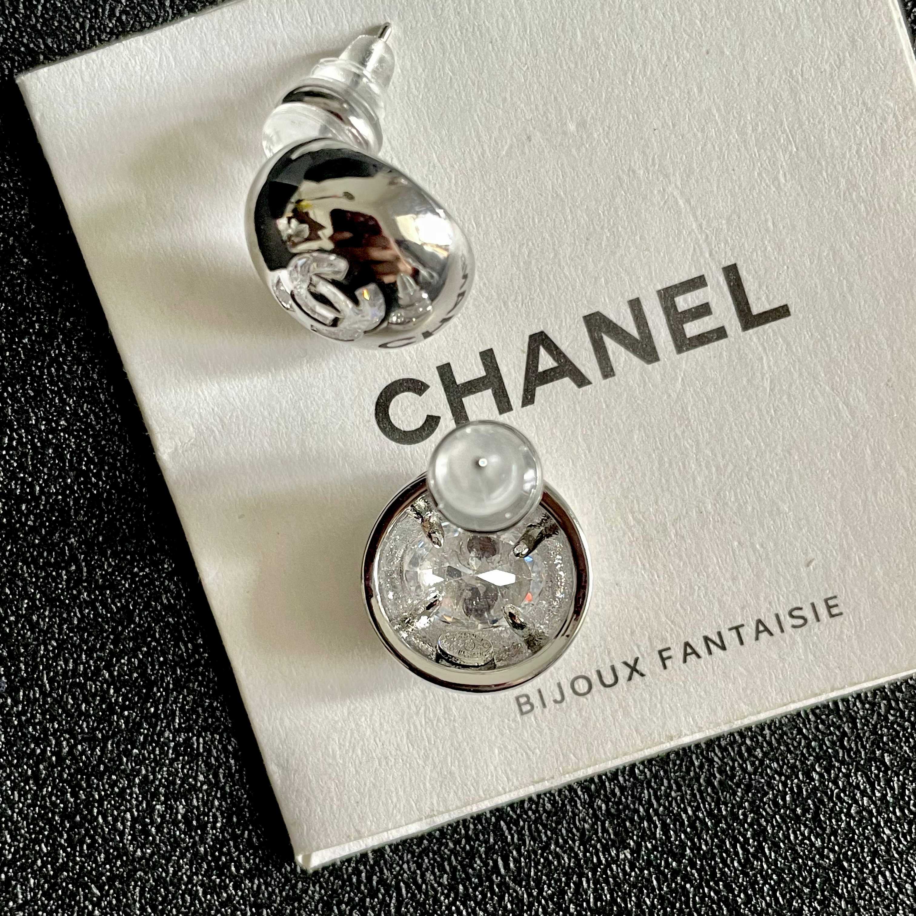 Chanel CC Logo Dome Stud Earrings earrings silver-tone metal with clear crystal accents 12mm diameter