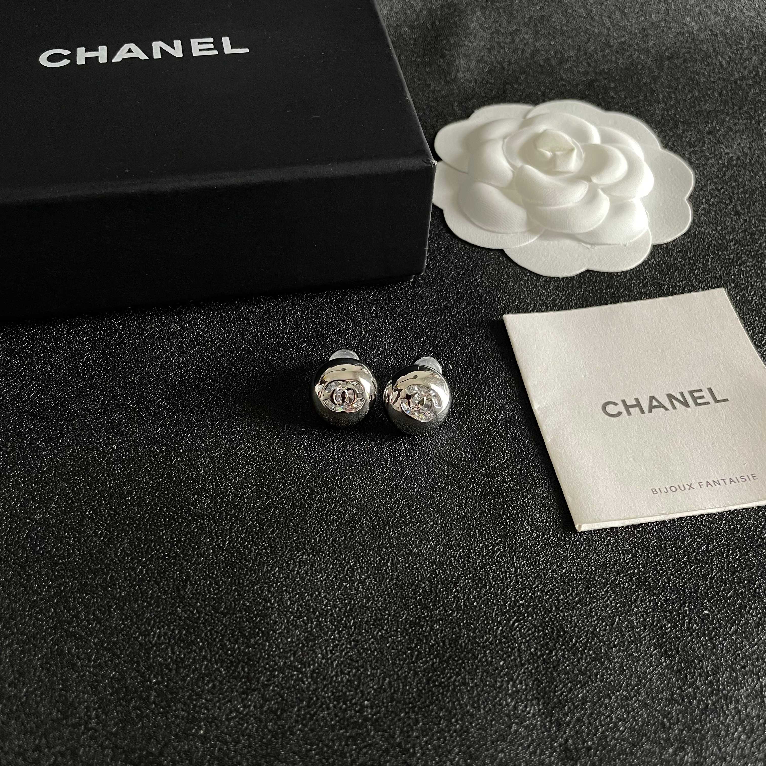 Chanel CC Logo Dome Stud Earrings earrings silver-tone metal with clear crystal accents 12mm diameter
