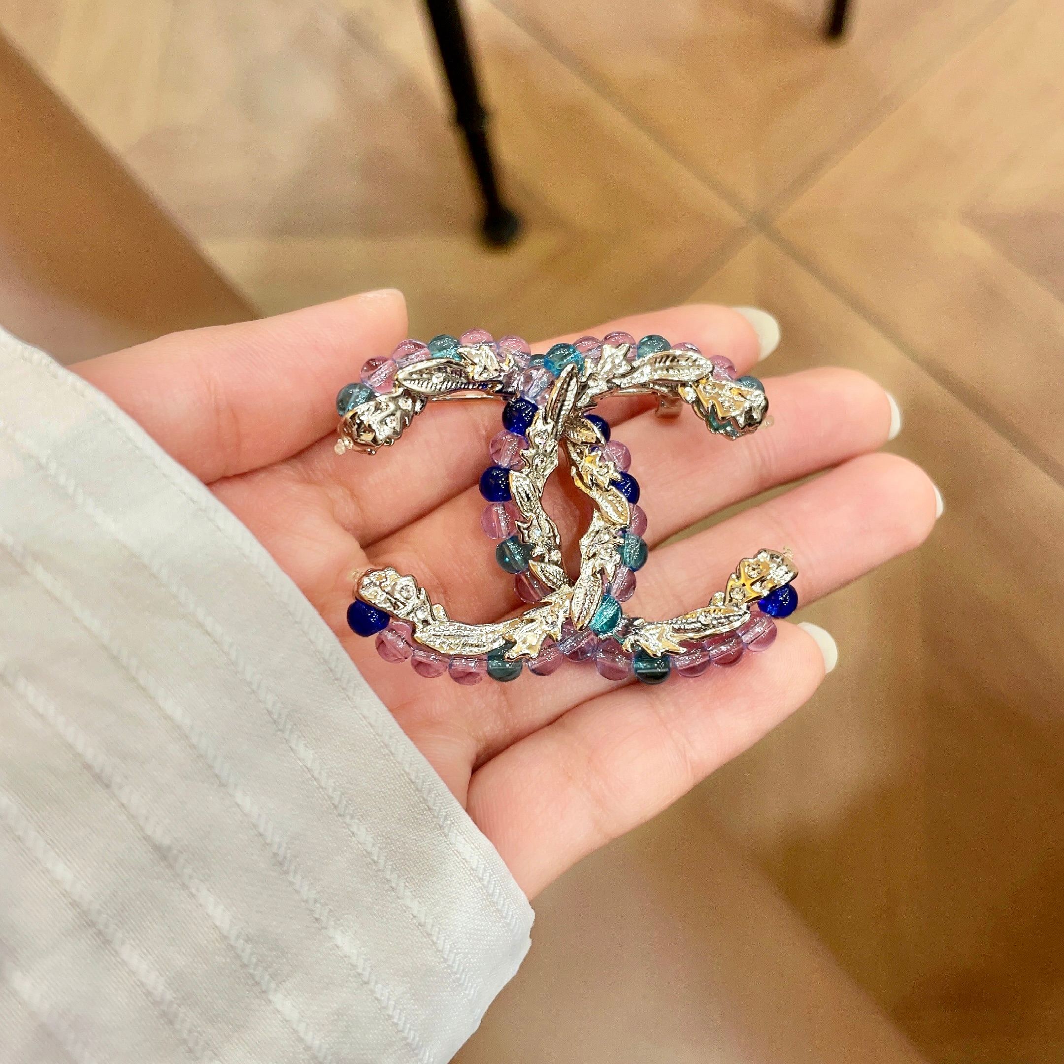 Chanel CC Logo Beaded Brooch brooch gold-tone metal with blue teal purple and pink glass beads 3 5cm width