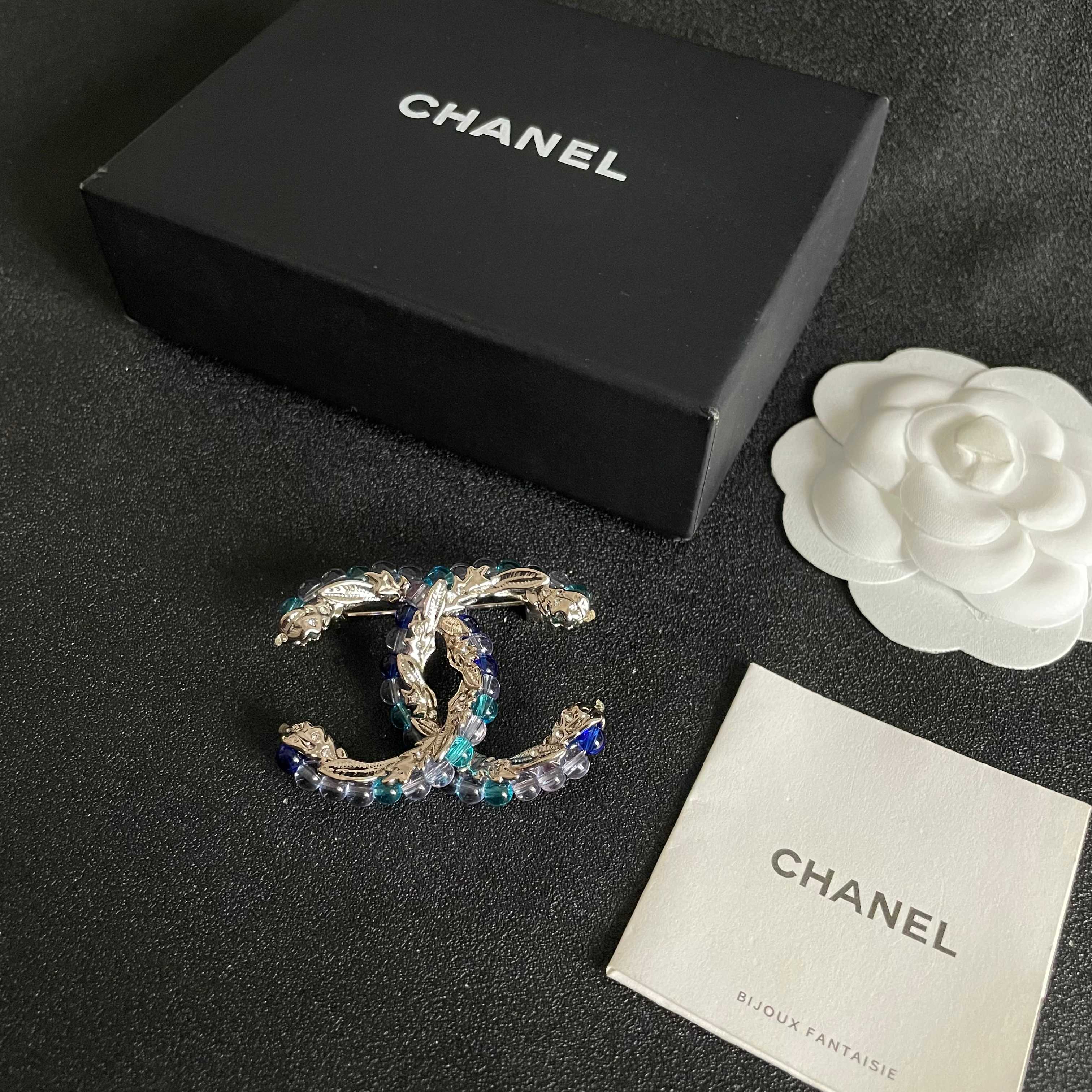 Chanel CC Logo Beaded Brooch brooch gold-tone metal with blue teal purple and pink glass beads 3 5cm width