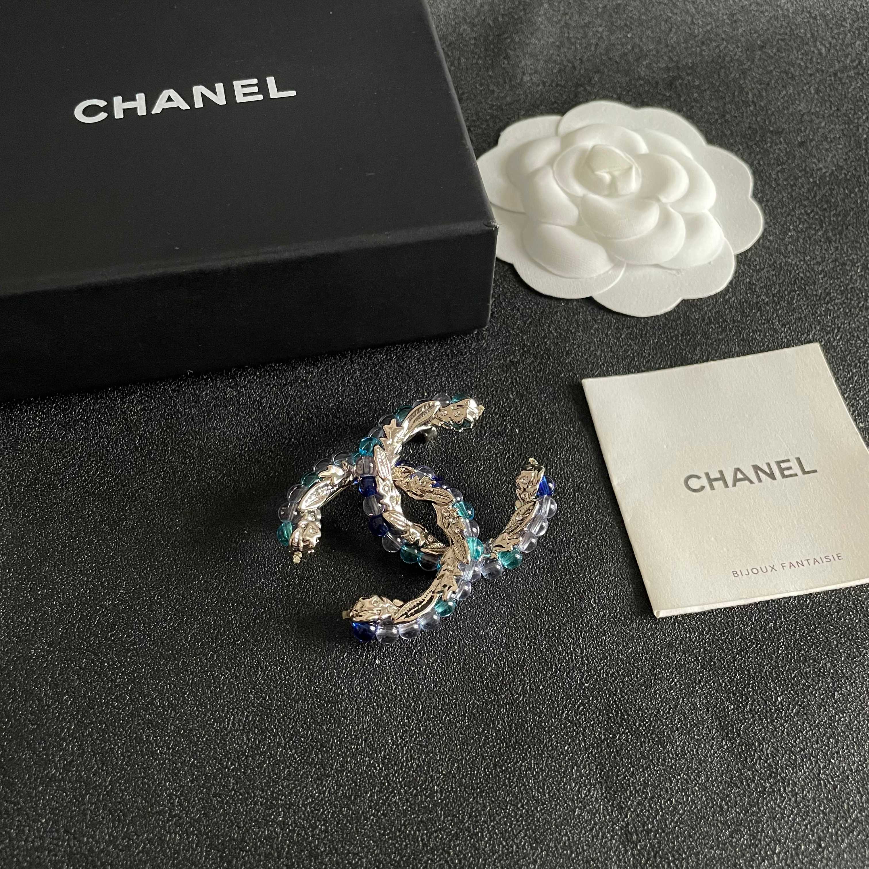 Chanel CC Logo Beaded Brooch brooch gold-tone metal with blue teal purple and pink glass beads 3 5cm width