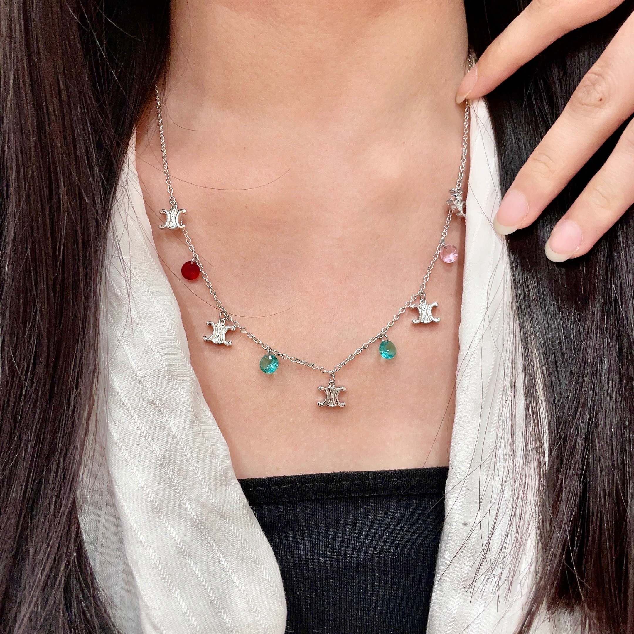 Celine Triomphe Multi Charm necklace Silver-toned metal with red pink teal and green faceted stone charms 40cm