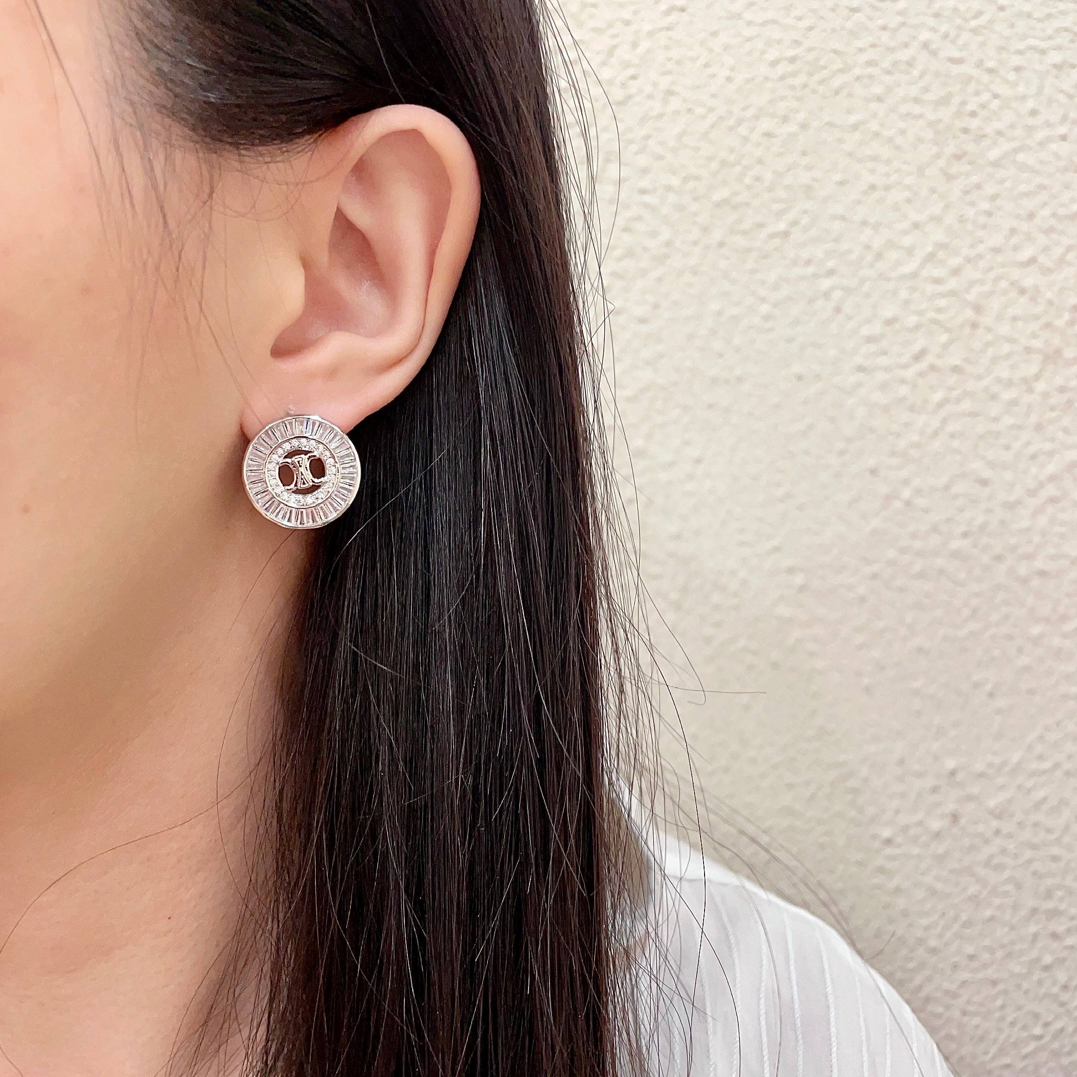 Celine Triomphe Rhinestone Circle Stud Earrings earrings Two variants gold-tone metal with clear baguette-cut crystals silver-tone metal with clear baguette-cut crystals 1 5cm diameter