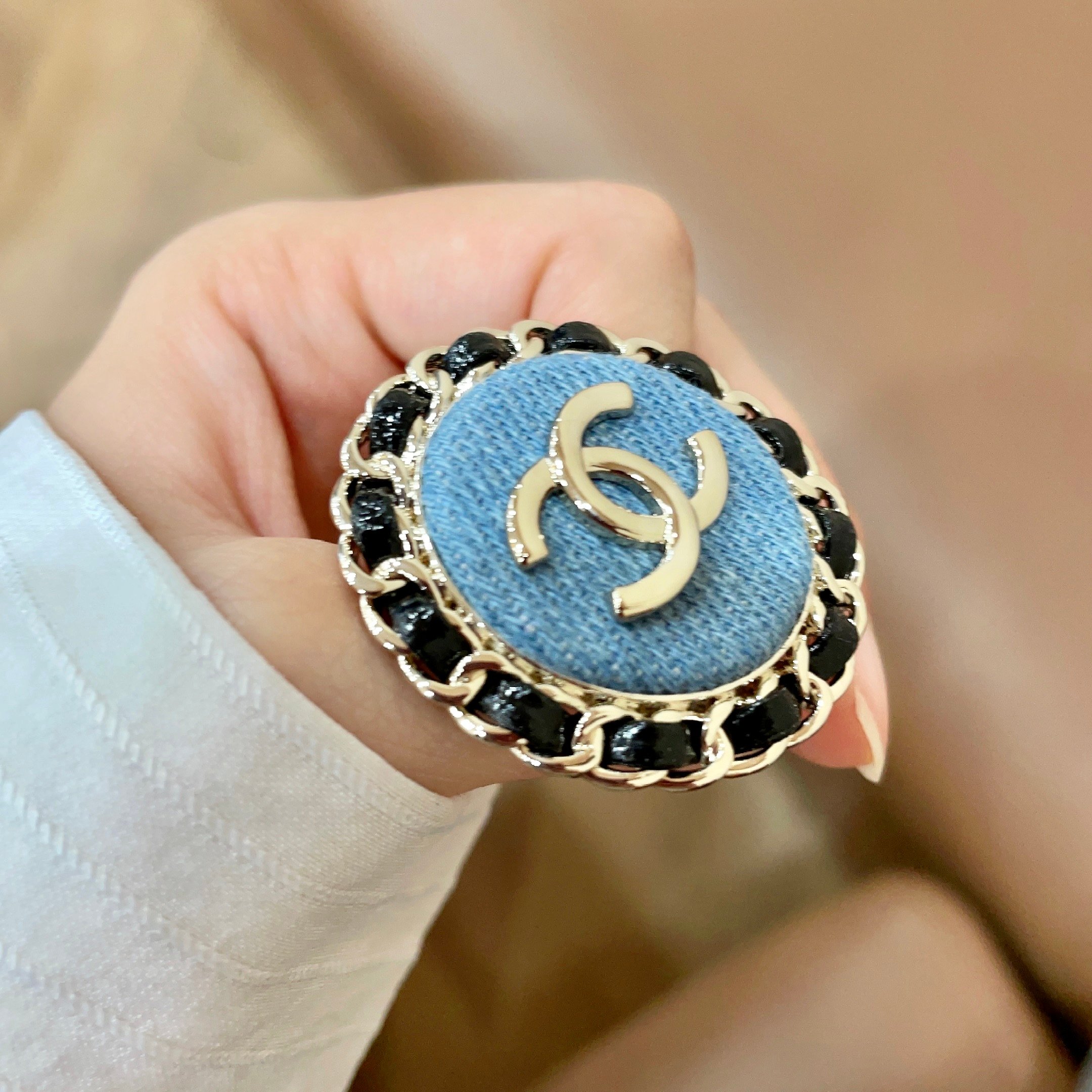 Chanel CC Denim Chain Edge Brooch brooch light gold tone metal light blue denim black leather chain trim 3cm diameter