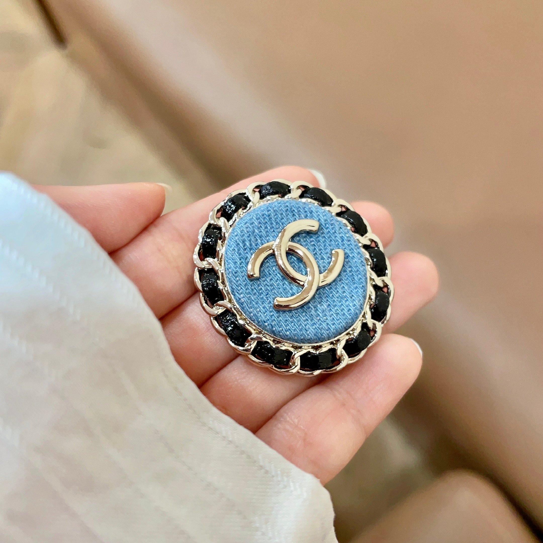 Chanel CC Denim Chain Edge Brooch brooch light gold tone metal light blue denim black leather chain trim 3cm diameter