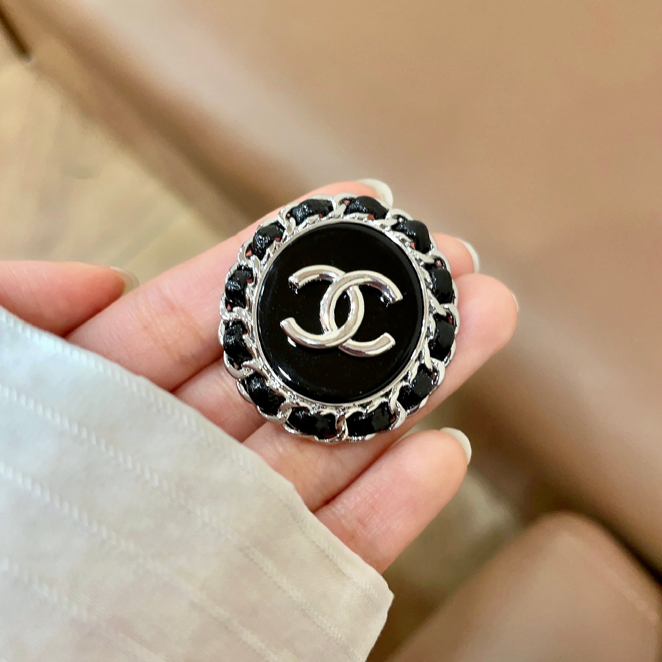 Chanel CC Logo Chain Edge Round brooch silver tone metal black enamel black resin accents 3cm diameter