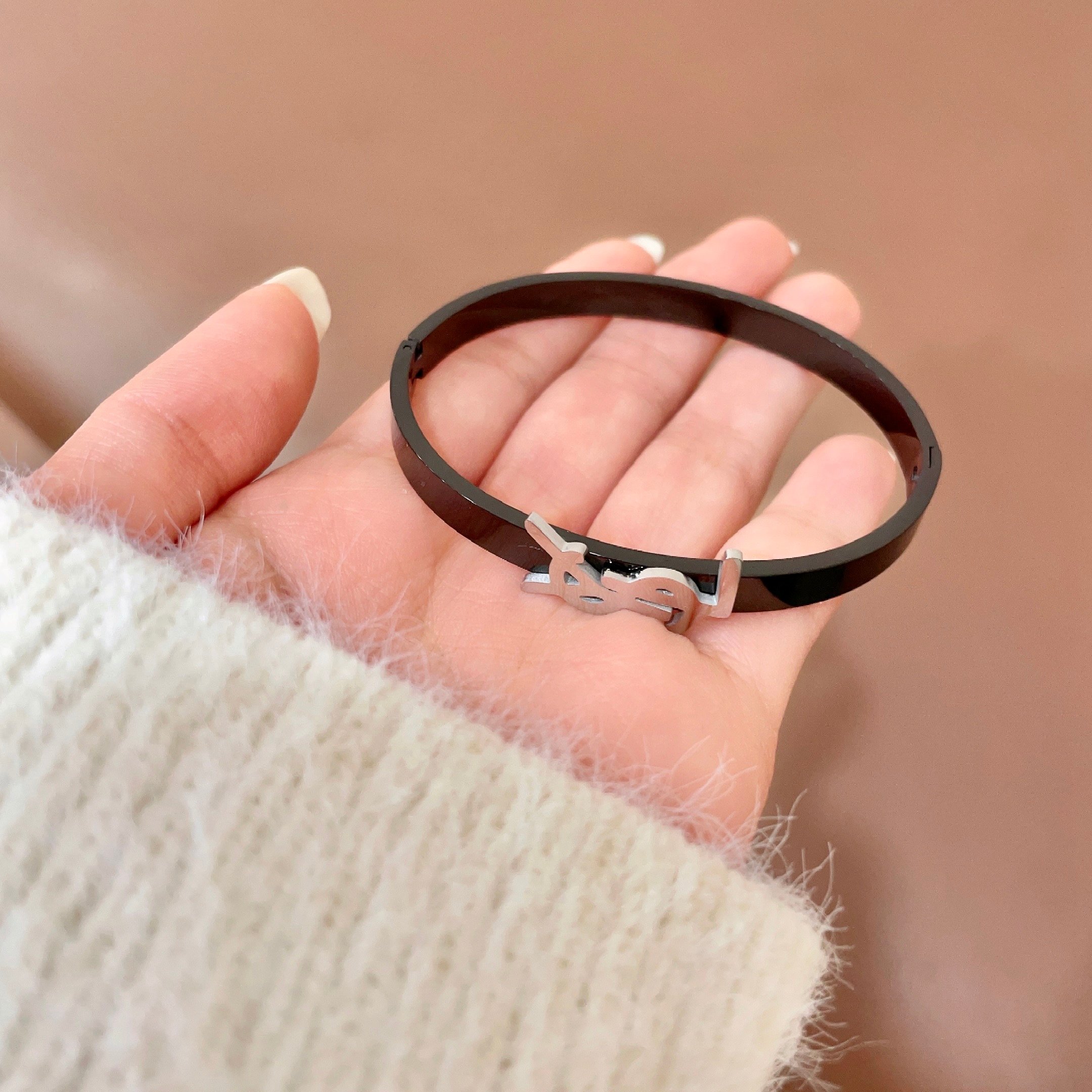 Saint Laurent Cassandre YSL Monogram Bangle bracelet black metal with silver-tone logo 17cm inner circumference