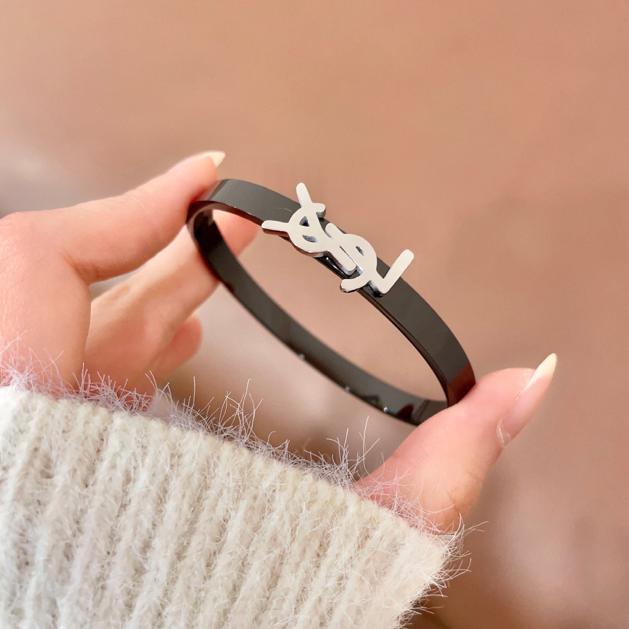 Saint Laurent Cassandre YSL Monogram Bangle bracelet black metal with silver-tone logo 17cm inner circumference
