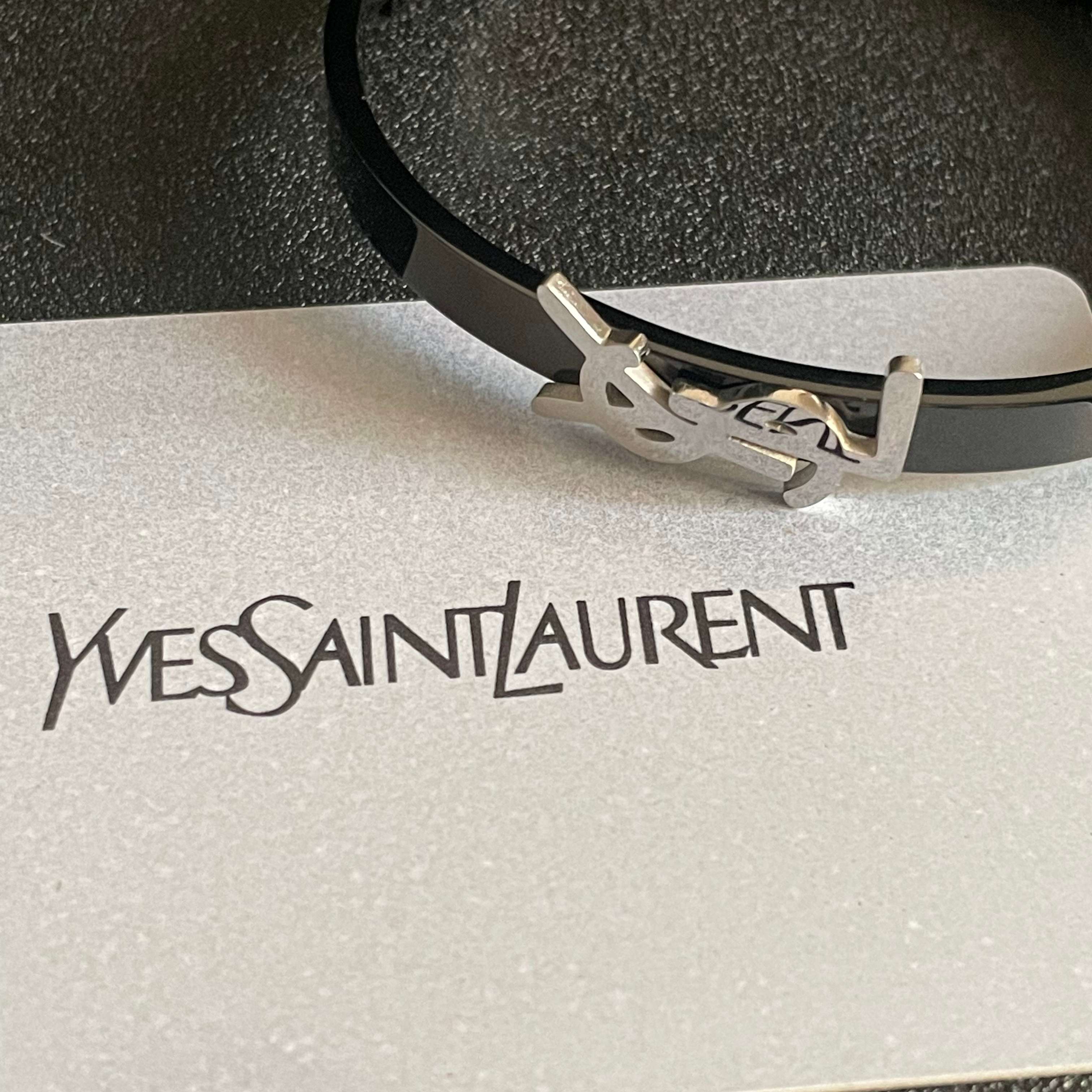 Saint Laurent Cassandre YSL Monogram Bangle bracelet black metal with silver-tone logo 17cm inner circumference