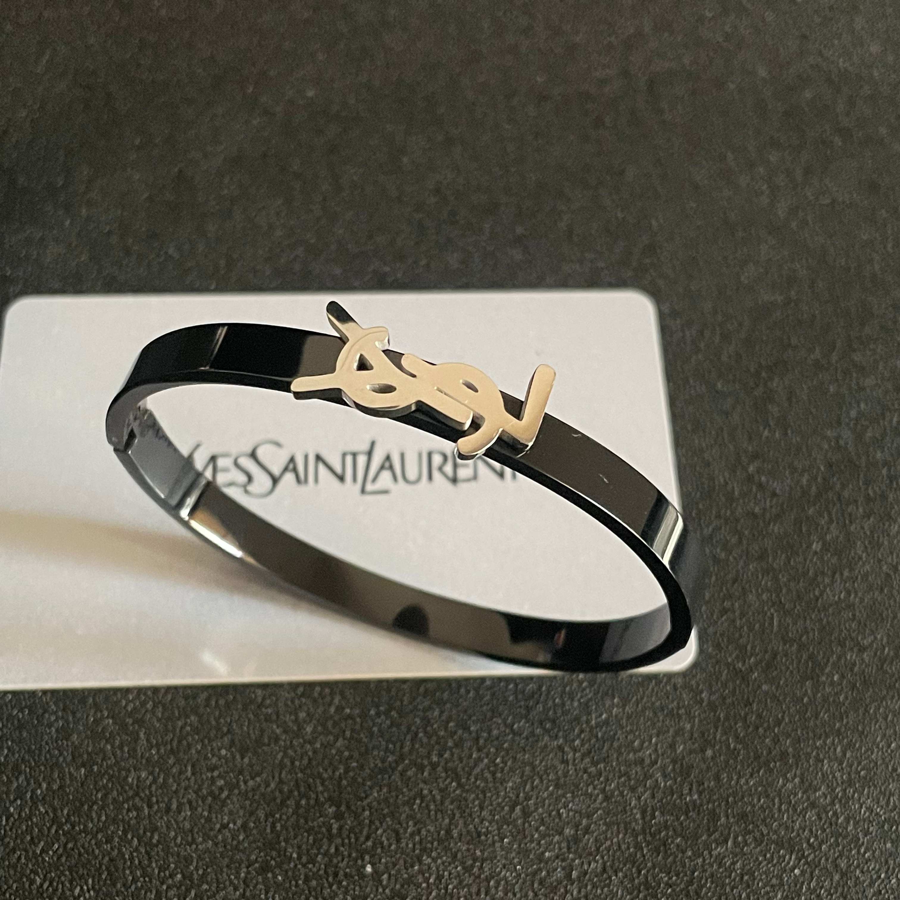 Saint Laurent Cassandre YSL Monogram Bangle bracelet black metal with silver-tone logo 17cm inner circumference