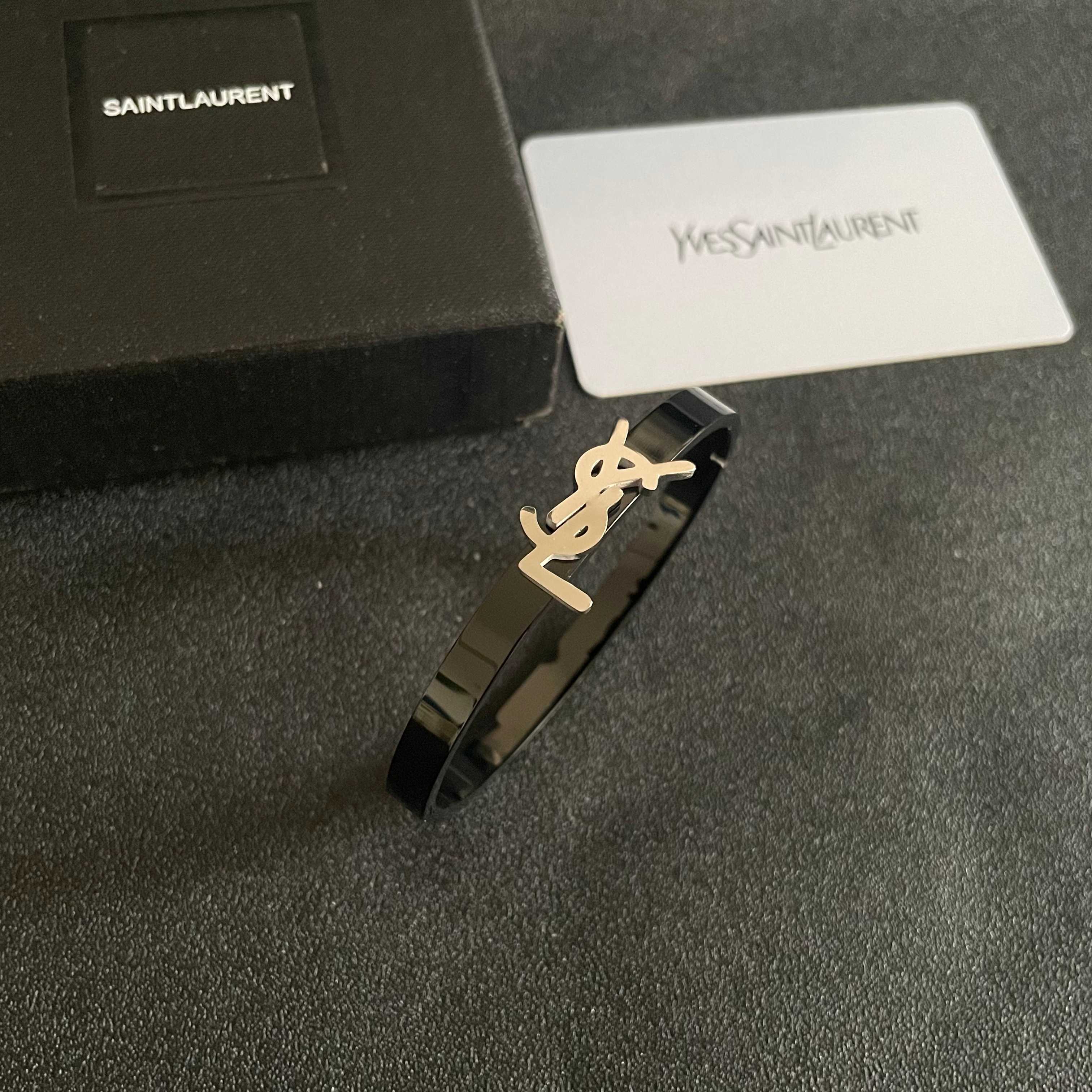 Saint Laurent Cassandre YSL Monogram Bangle bracelet black metal with silver-tone logo 17cm inner circumference