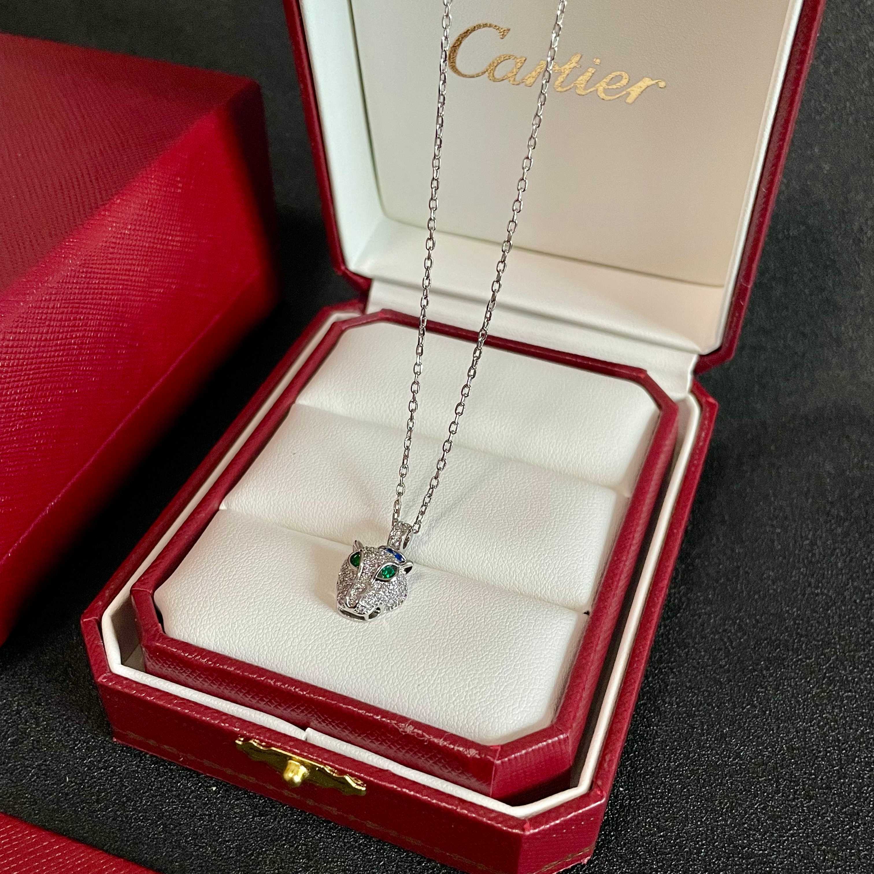 Cartier Panthere de Cartier necklace 18K white gold pave diamonds emerald eyes blue sapphire accent 42cm