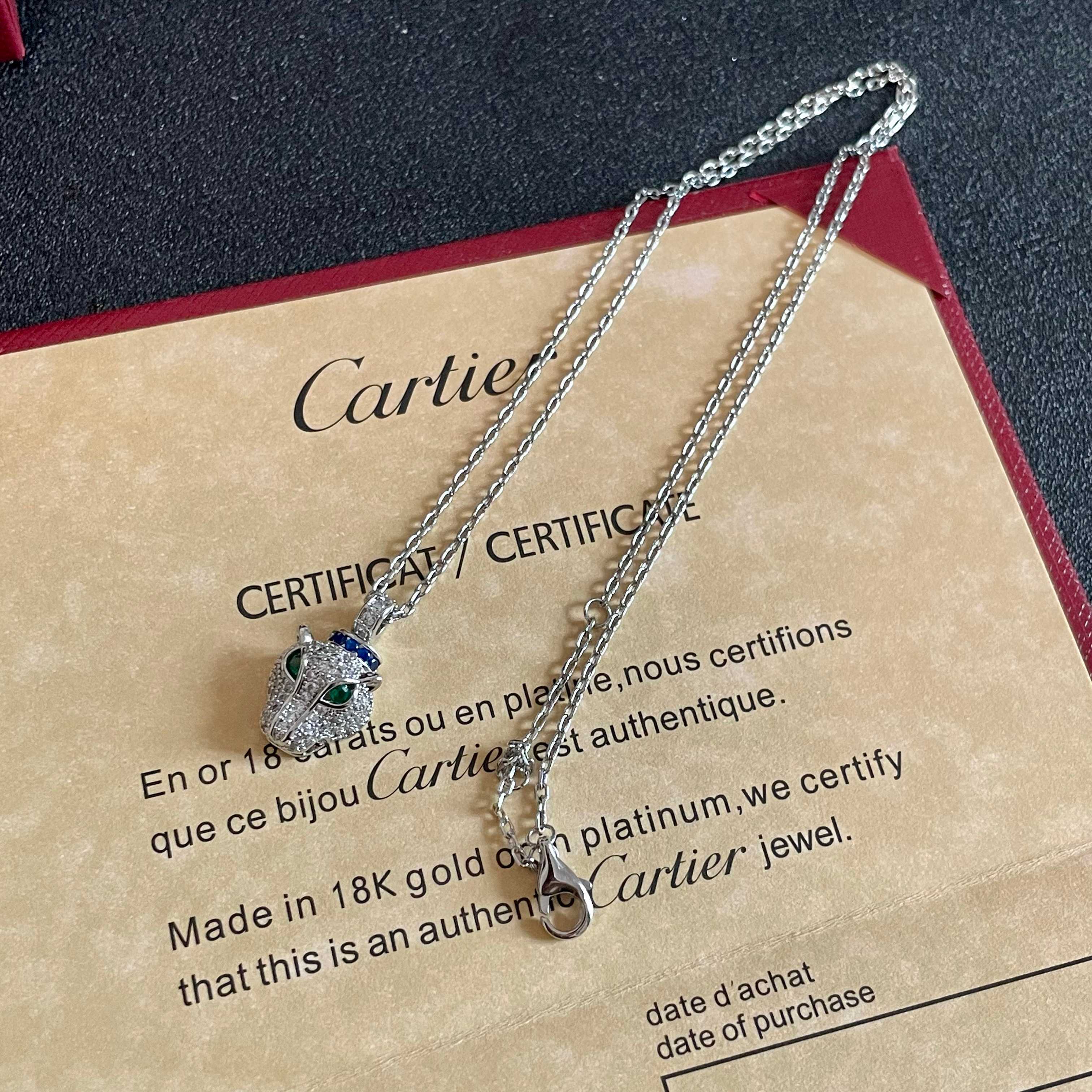 Cartier Panthere de Cartier necklace 18K white gold pave diamonds emerald eyes blue sapphire accent 42cm