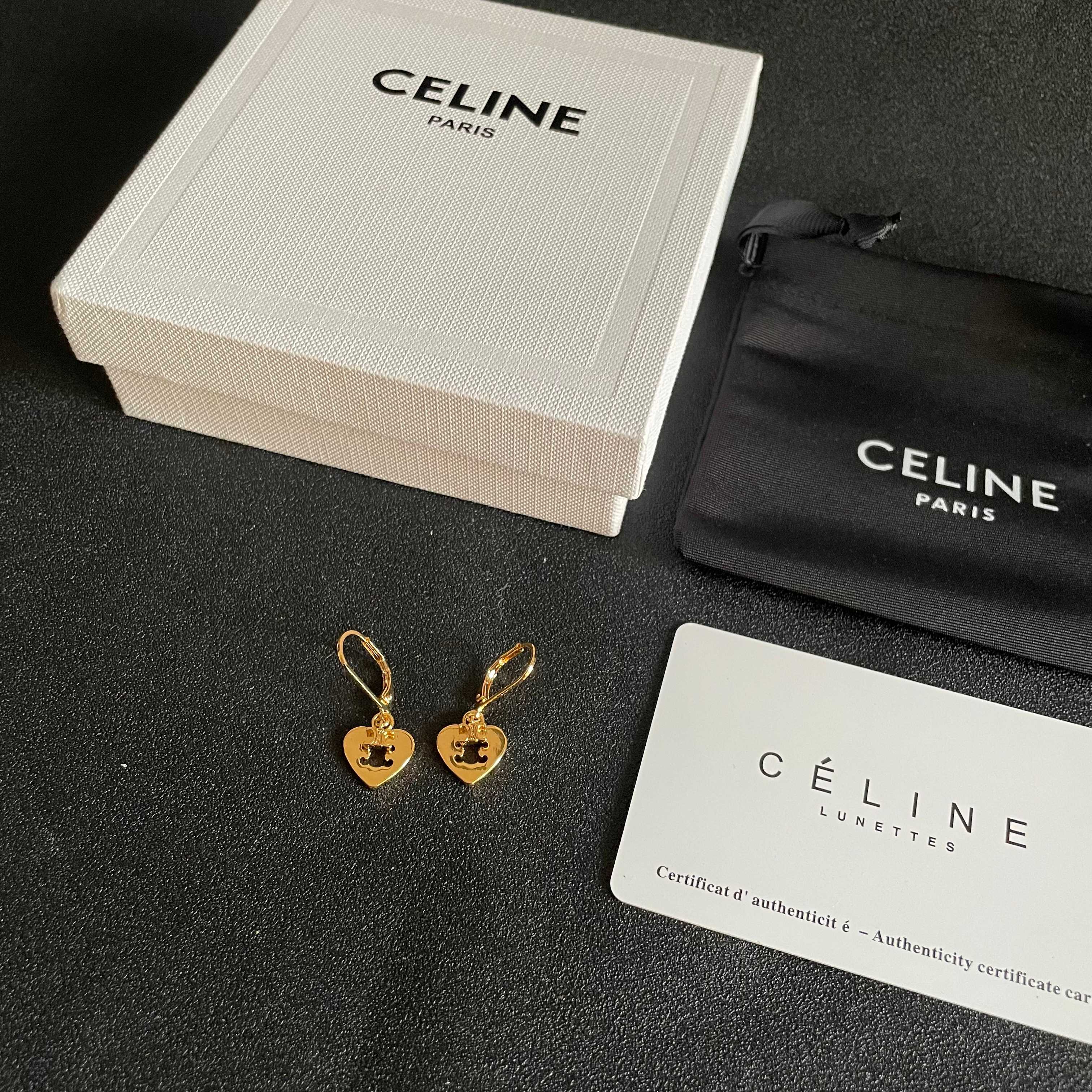 Celine Triomphe Heart Drop Earrings earrings gold-tone metal with enamel accents brown white black 1 5cm drop length