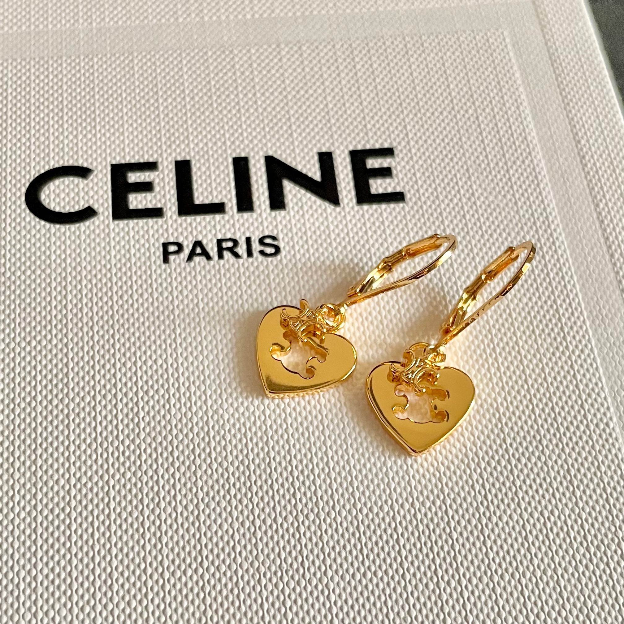Celine Triomphe Heart Drop Earrings earrings gold-tone metal with enamel accents brown white black 1 5cm drop length