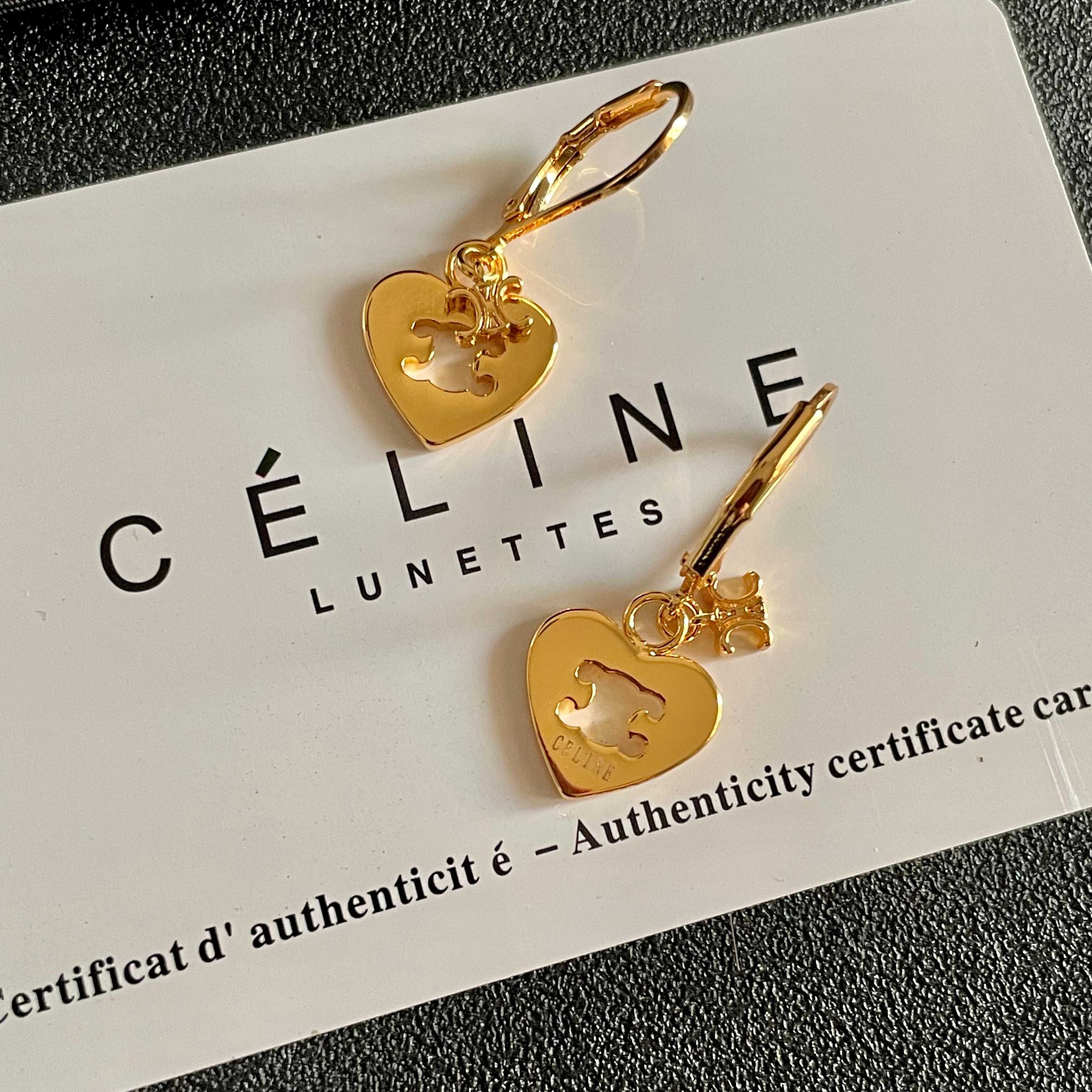 Celine Triomphe Heart Drop Earrings earrings gold-tone metal with enamel accents brown white black 1 5cm drop length