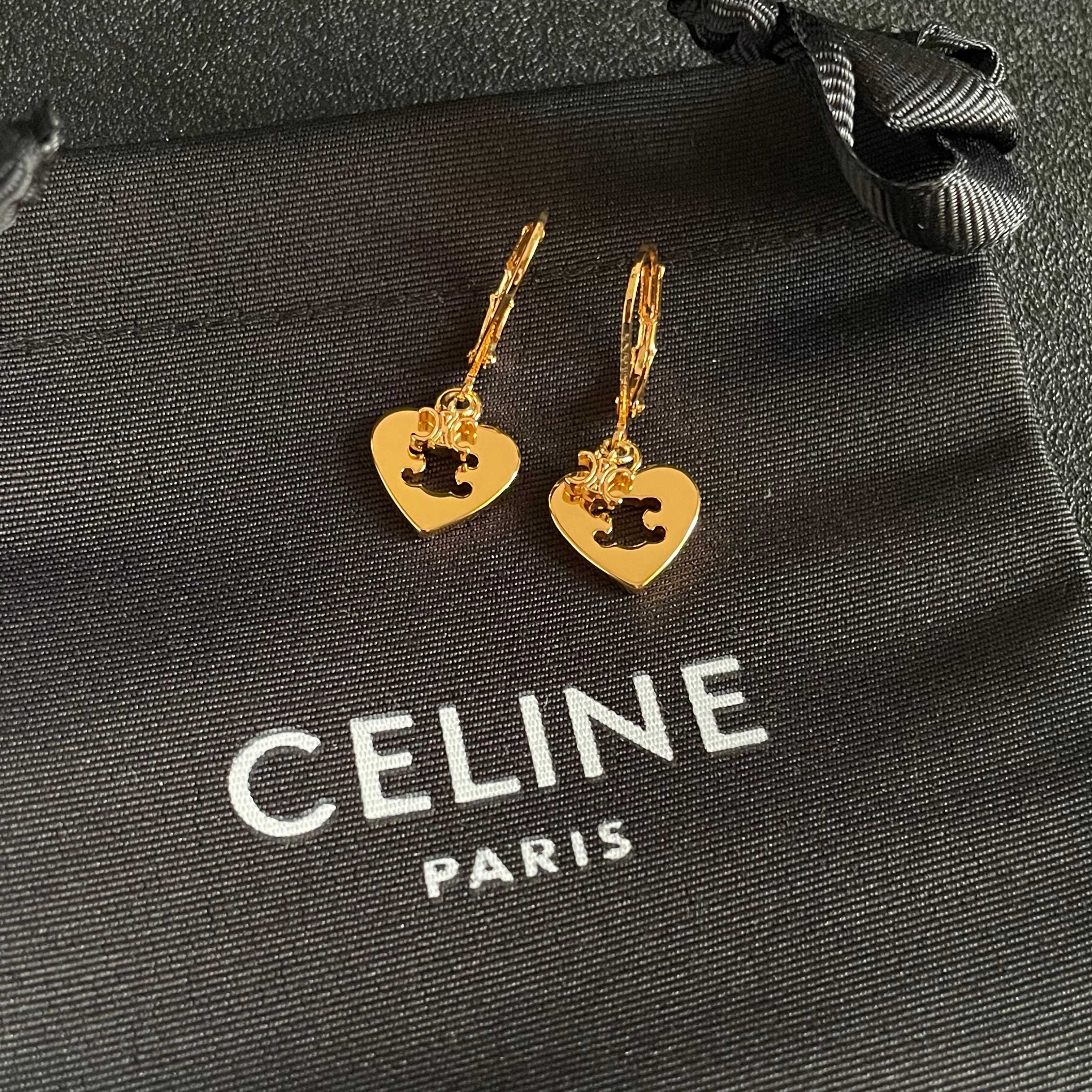 Celine Triomphe Heart Drop Earrings earrings gold-tone metal with enamel accents brown white black 1 5cm drop length