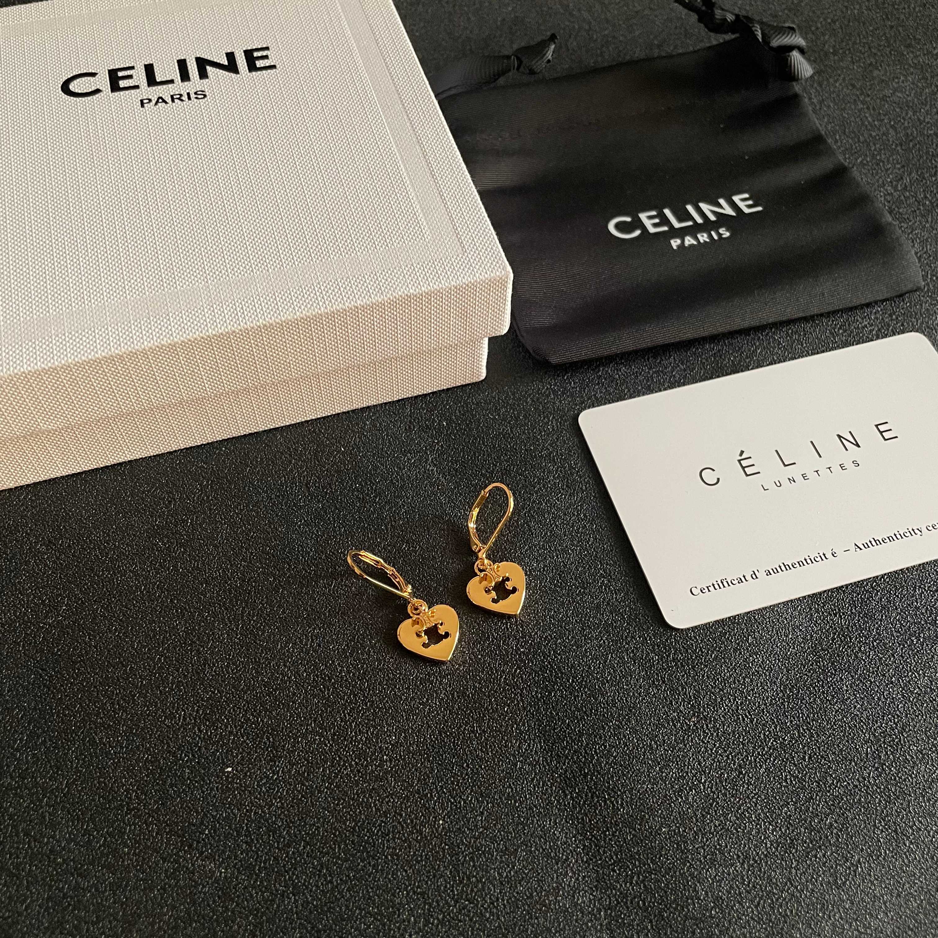 Celine Triomphe Heart Drop Earrings earrings gold-tone metal with enamel accents brown white black 1 5cm drop length