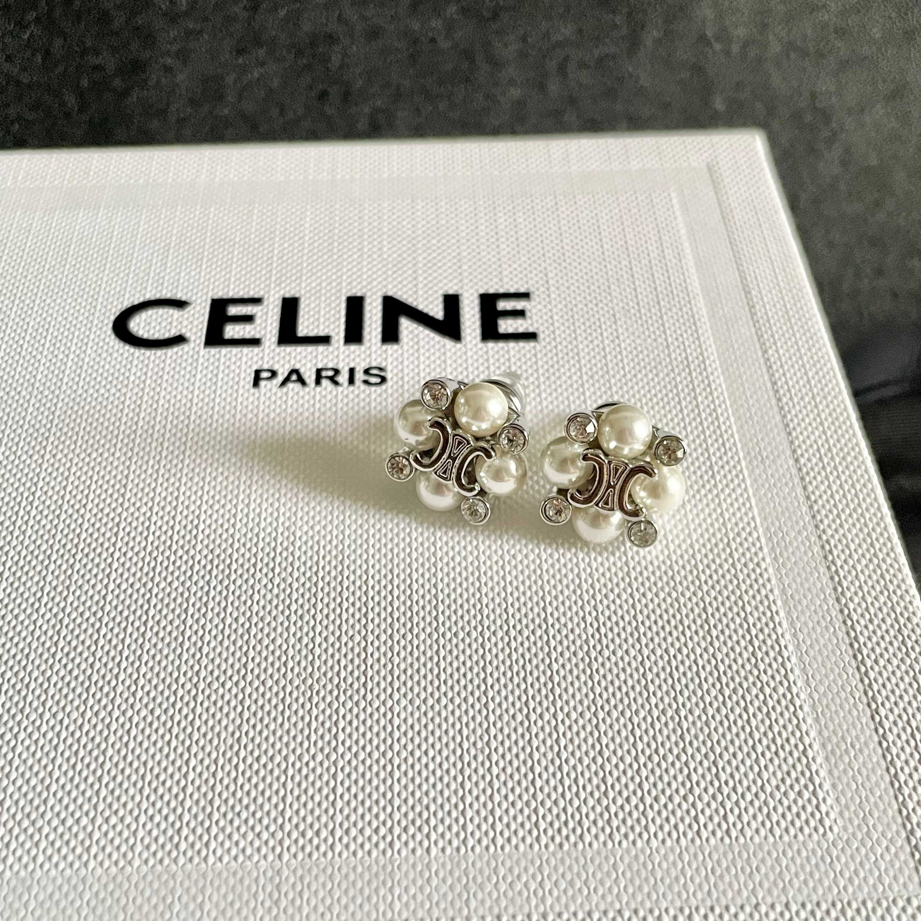 Celine Triomphe Pearl Cluster Stud Earrings earrings silver-toned metal white pearl clear crystal 1cm diameter