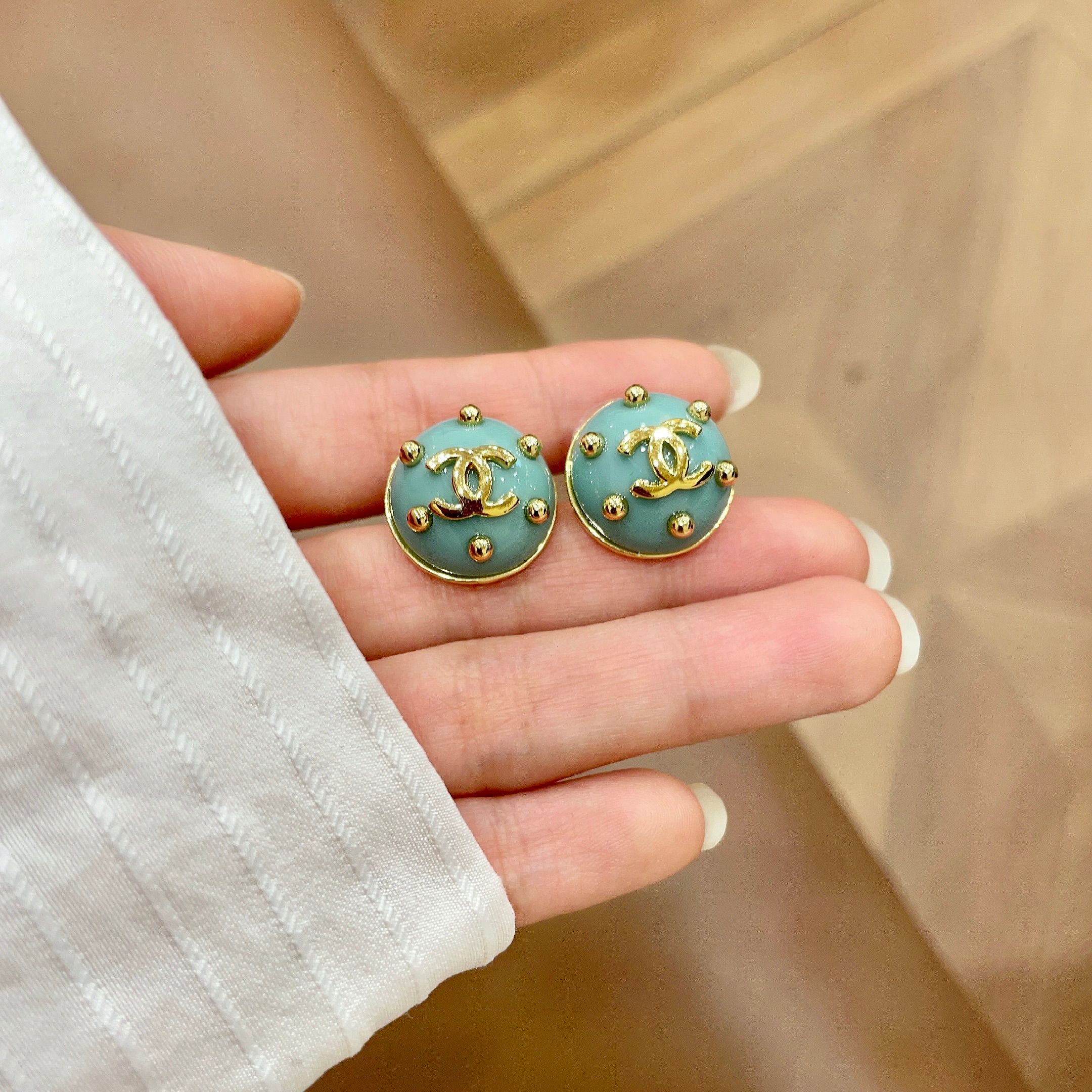 Chanel CC Logo Stud Earrings earrings Gold-tone metal with light turquoise enamel 1 5cm diameter