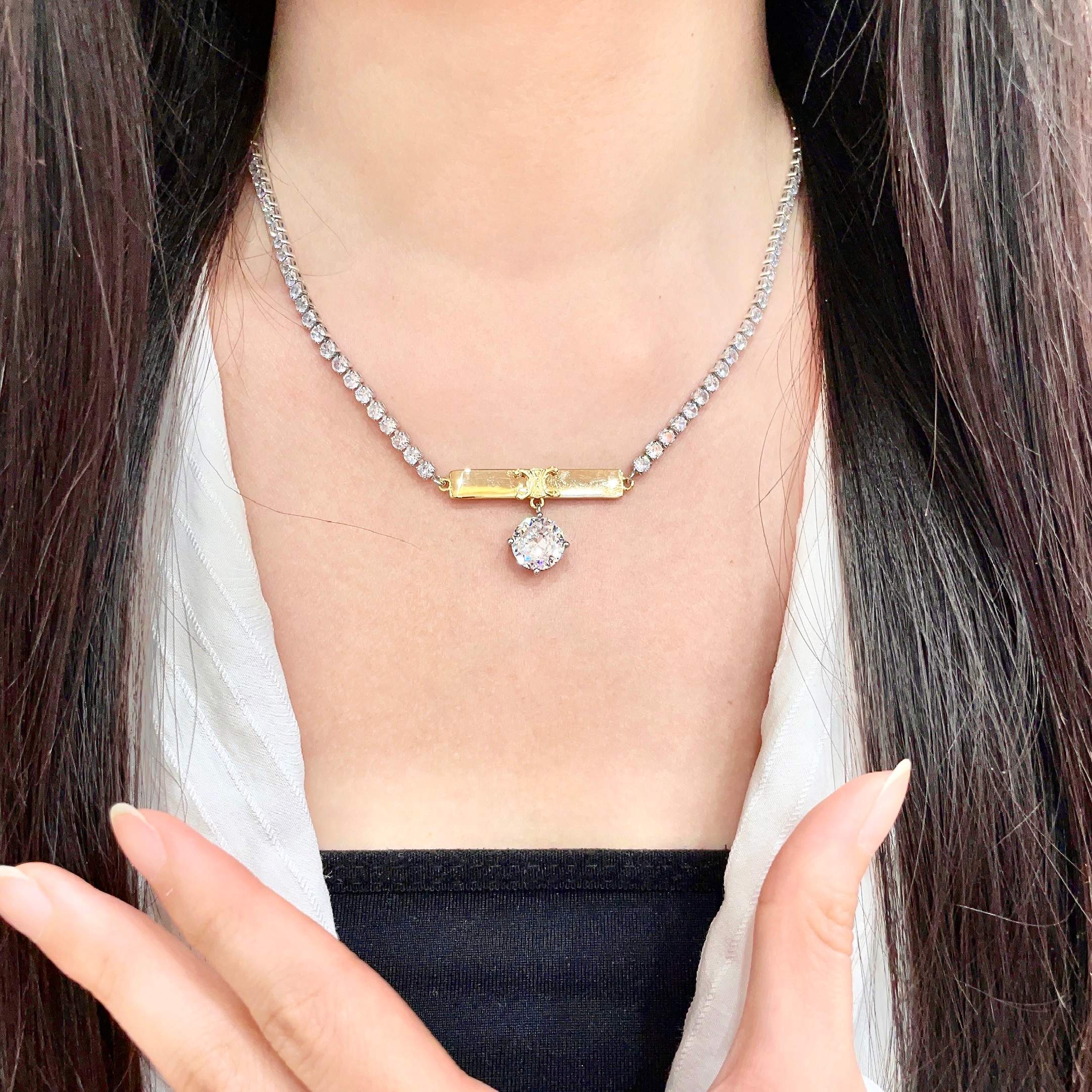 Celine Triomphe Bar Crystal Pendant Tennis Necklace necklace Two-tone silver-toned and gold-toned metal with clear faceted crystals 40cm